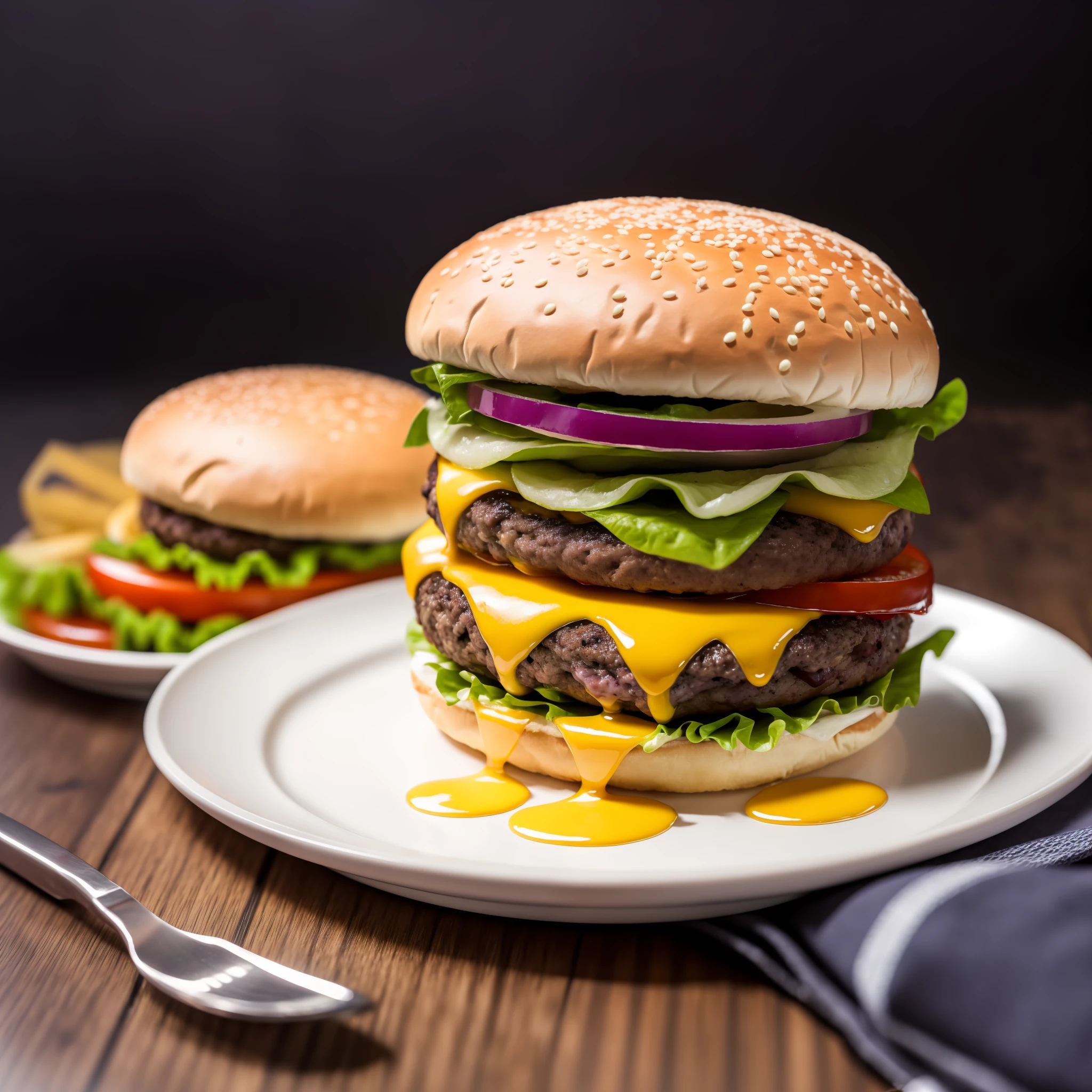 1 burger with cheese and pickles, burger on a plate, cheeseburger, hamburger, juicy burger, smoked layers, hamburger, 4K food photography, dark background, high quality food photography, professional food photography