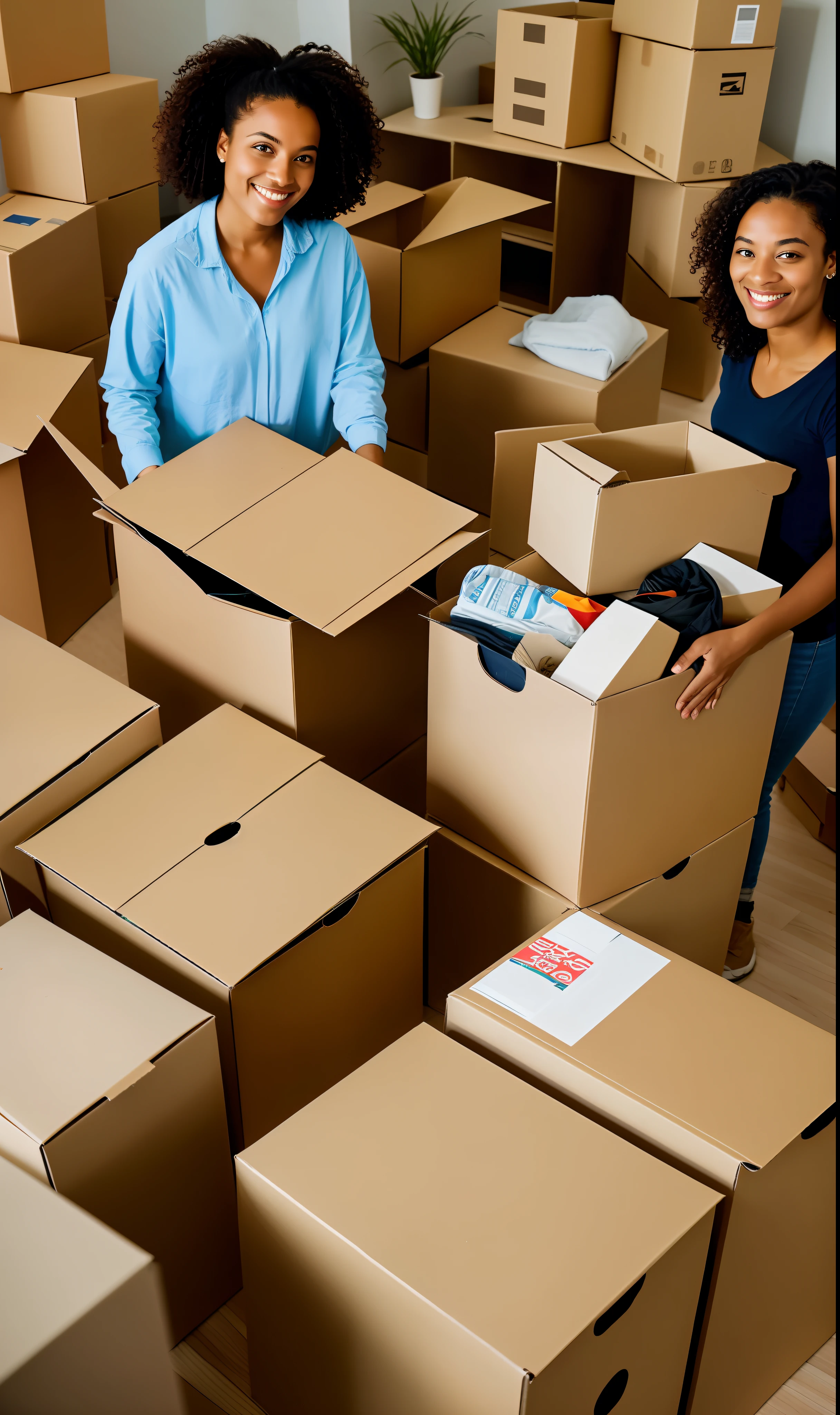 "Benevolent person organizing environment with cardboard boxes full of items for donation, generating an exciting and inspiring scene of solidarity and generosity."