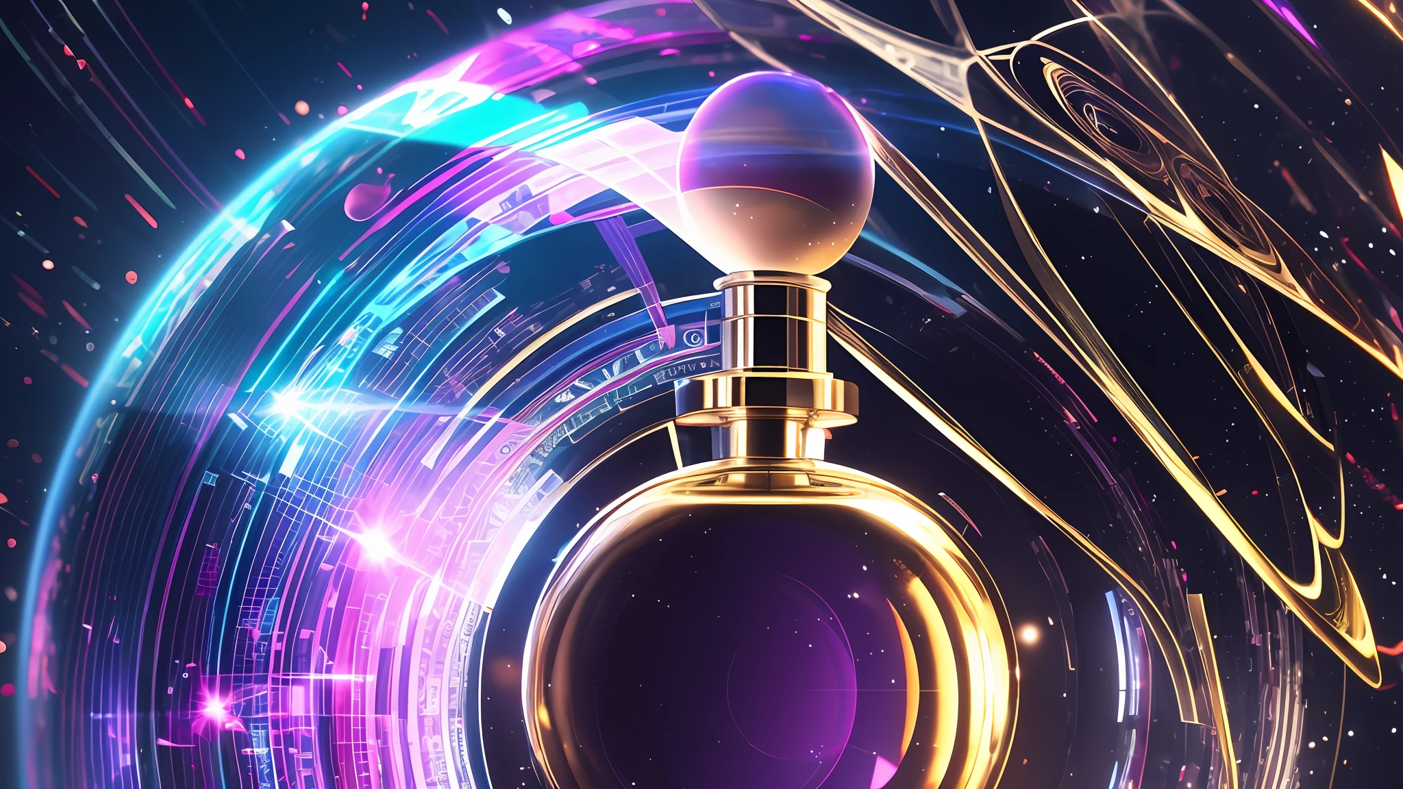 Imagine an elegant perfume bottle with an intense aura surrounding it, with a modern and futuristic look. White Balance, 32k, Super Resolution, RGB Pro Photo, Half Backlight, Backlight, Dramatic Lighting, Incandescent, Soft Lighting, Volumetric, Conte-Jour, Global Illumination, Screen Space Global Illumination, Scatter, Shadows, Harsh , Shimmering, Lumen Reflections, Screen Space Reflections, Diffraction Grading, Chromatic Aberration , GB Displacement, Scan Lines, Ambient Occlusion, Anti-Aliasing, FKAA, TXAA, RTX, SSAO, OpenGL-Shader's, Post Processing, Post- Production, Cell Shading, Tone Mapping, CGI, VFX, SFX, insanely detailed and complex, hyper maximalist, elegant, dynamic pose, photography, volumetric, ultradetailed, intricate detail, superdetailed, ambient –uplight 5.1 - --auto --s2