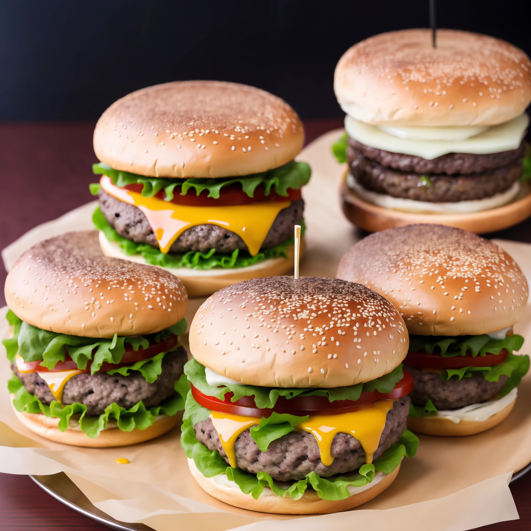 1 burger with cheese and pickles, burger on a plate, cheeseburger, hamburger, juicy burger, smoked layers, hamburger, 4K food photography, dark background, high quality food photography, professional food photography