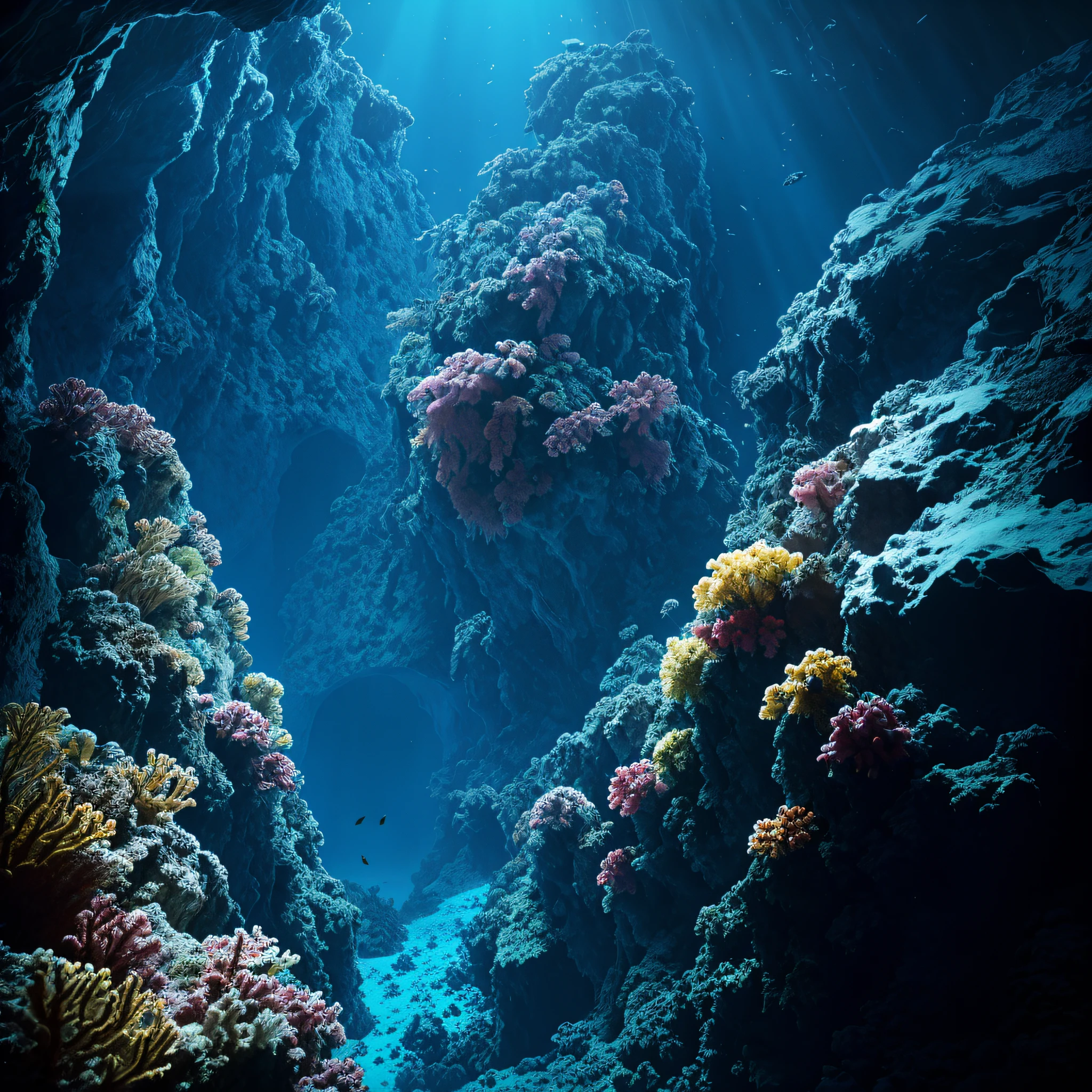 Abyssal Symphony, stunning Mariana Trench, cinematic, atmospheric, filmed, detailed photo