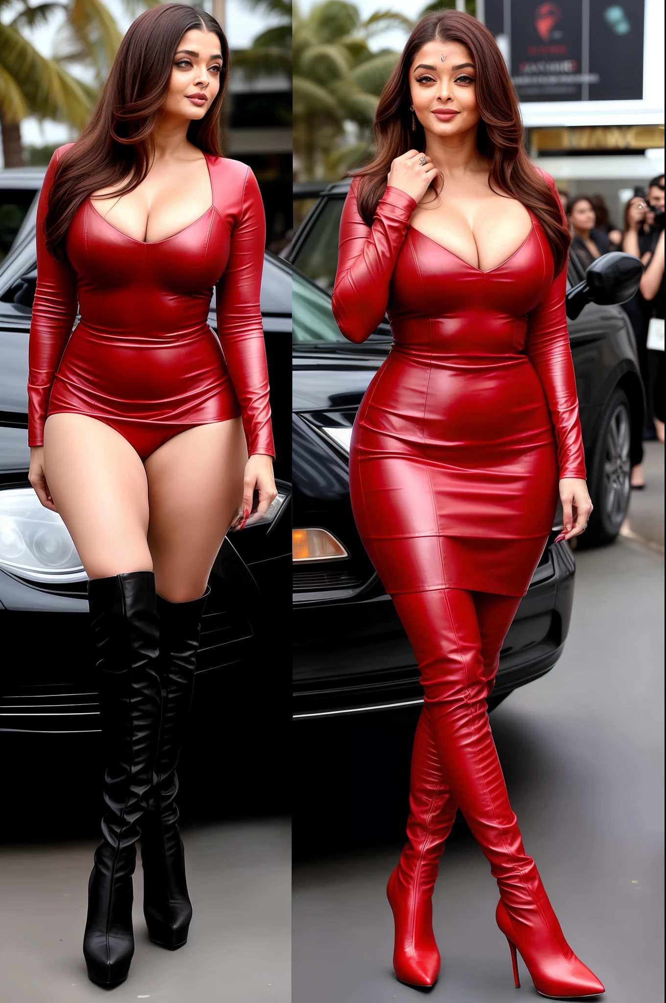 Aishwarya rai, red leather bodycon mini dress, thigh high boots, posing in cannes red carpet, hourglass figure, big breasts, massive cleavage show, nipple slip, 90% breasts popping out, fit, seductive face, look at a camera and laugh, wet ponytail hair, erotic adult face, 40 yo, soft volumetric lights, intricate details, (ArtStation:1.2)
