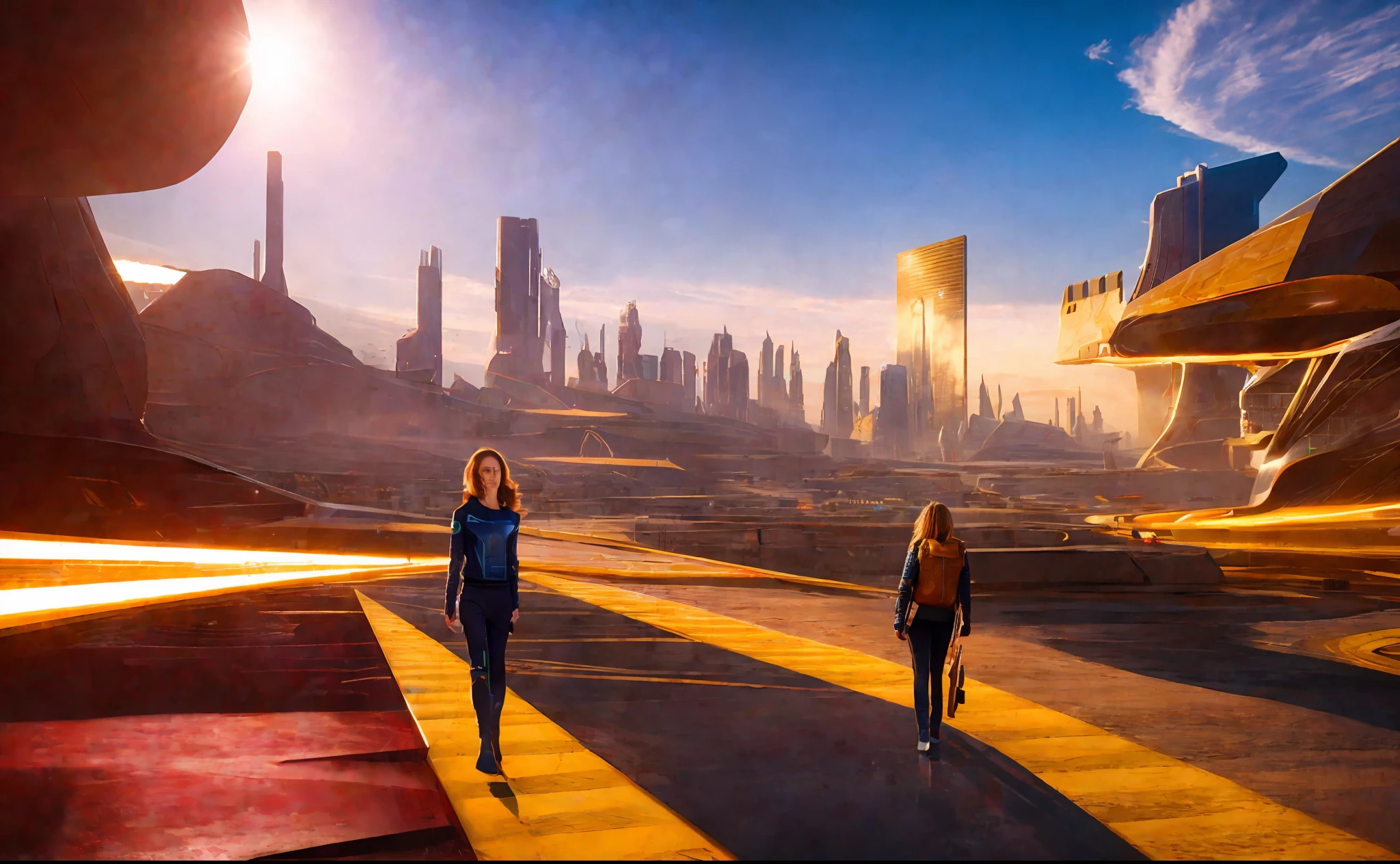 girl in background, golden rays light, golden flashes, futuristic sci-fi city landscape, sci-fi, ultra-realistic, high resolution, city