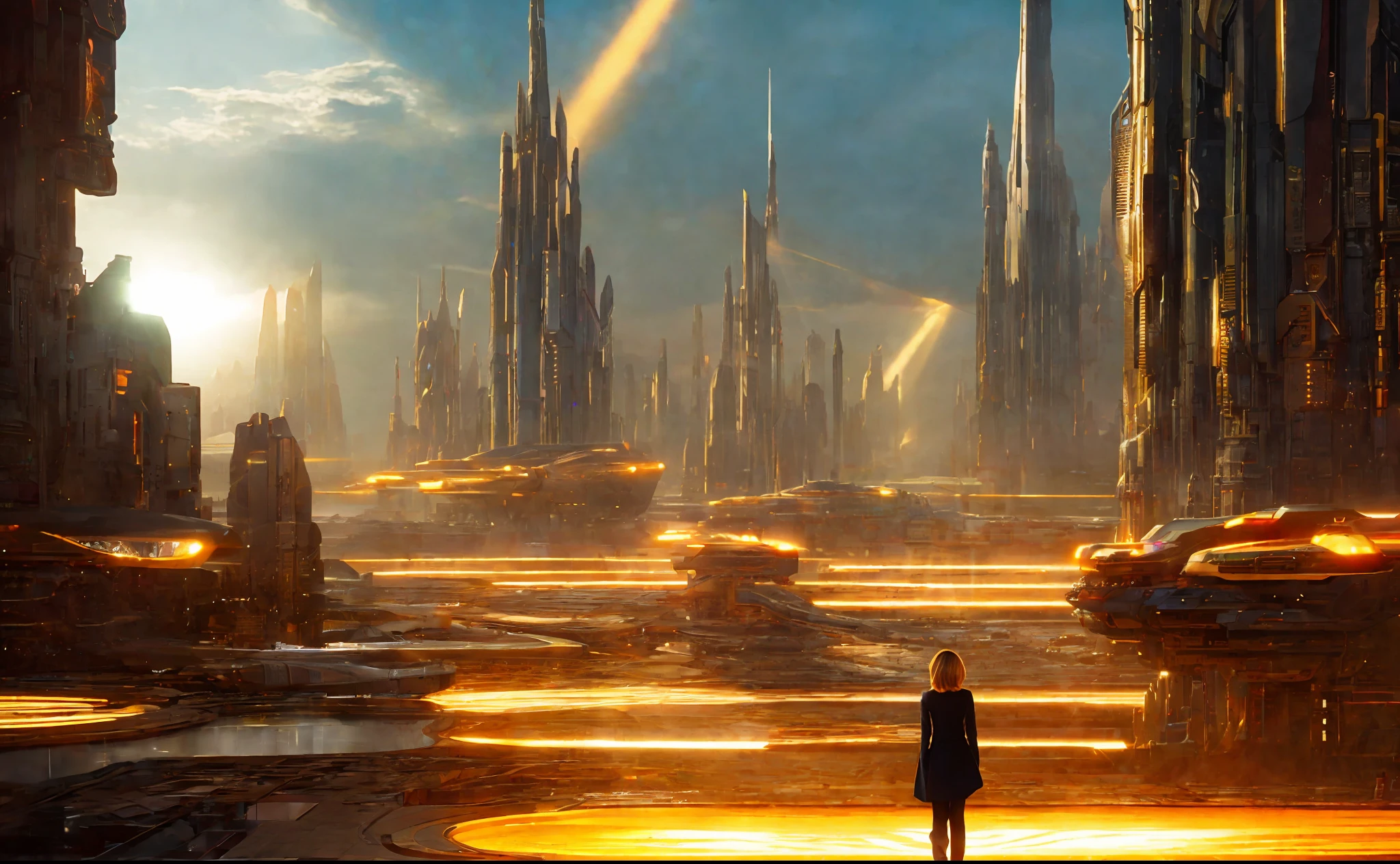 girl in background, golden rays light, golden flashes, futuristic sci-fi city landscape, sci-fi, ultra-realistic, high resolution, city