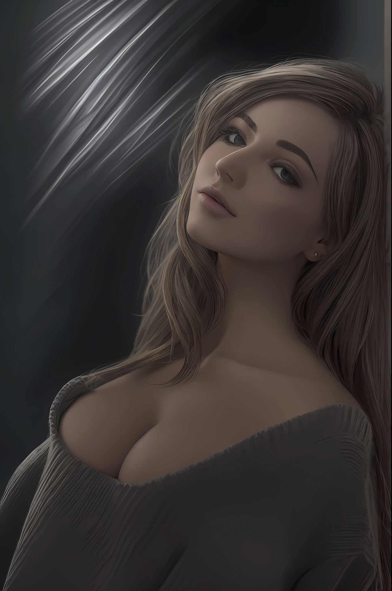 Hypersmoke, dark background, (nude), big boobs,(masterpiece), best quality, extremely detailed, (realistic), bloom, delicate and beautiful, studio photo, (from below),(1girl:1.4), (solo:1.2), fit body, large breasts, (ribbed sweater:1.3), off-shoulder sweater, (short shorts:1.2), bare shoulders, (underboob:1.2), ((dark skin:0.8)), beautiful eyes, (disheveled hair ), photography, over-the-shoulder shot, professional, canon camera, nikon camera, sharp, bokeh, studio quality, fisheye lens