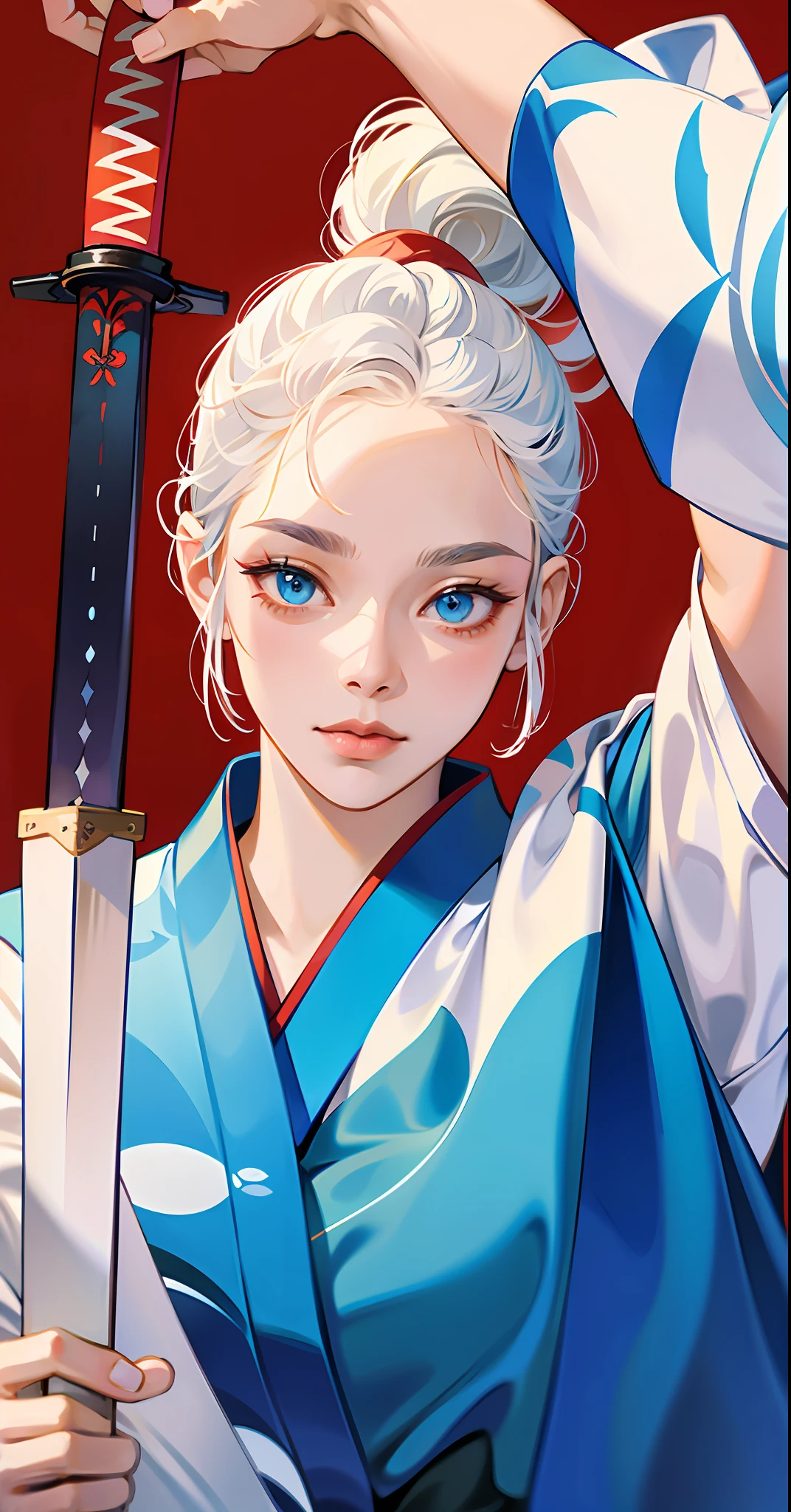 masterpiece, well detailed, Arafed woman holding the handle a katana in her right hand and with her left hand holding the sheath of a katana, looking at the viewer, red background, white hair collected, blue eyes, in a blue and white kimono