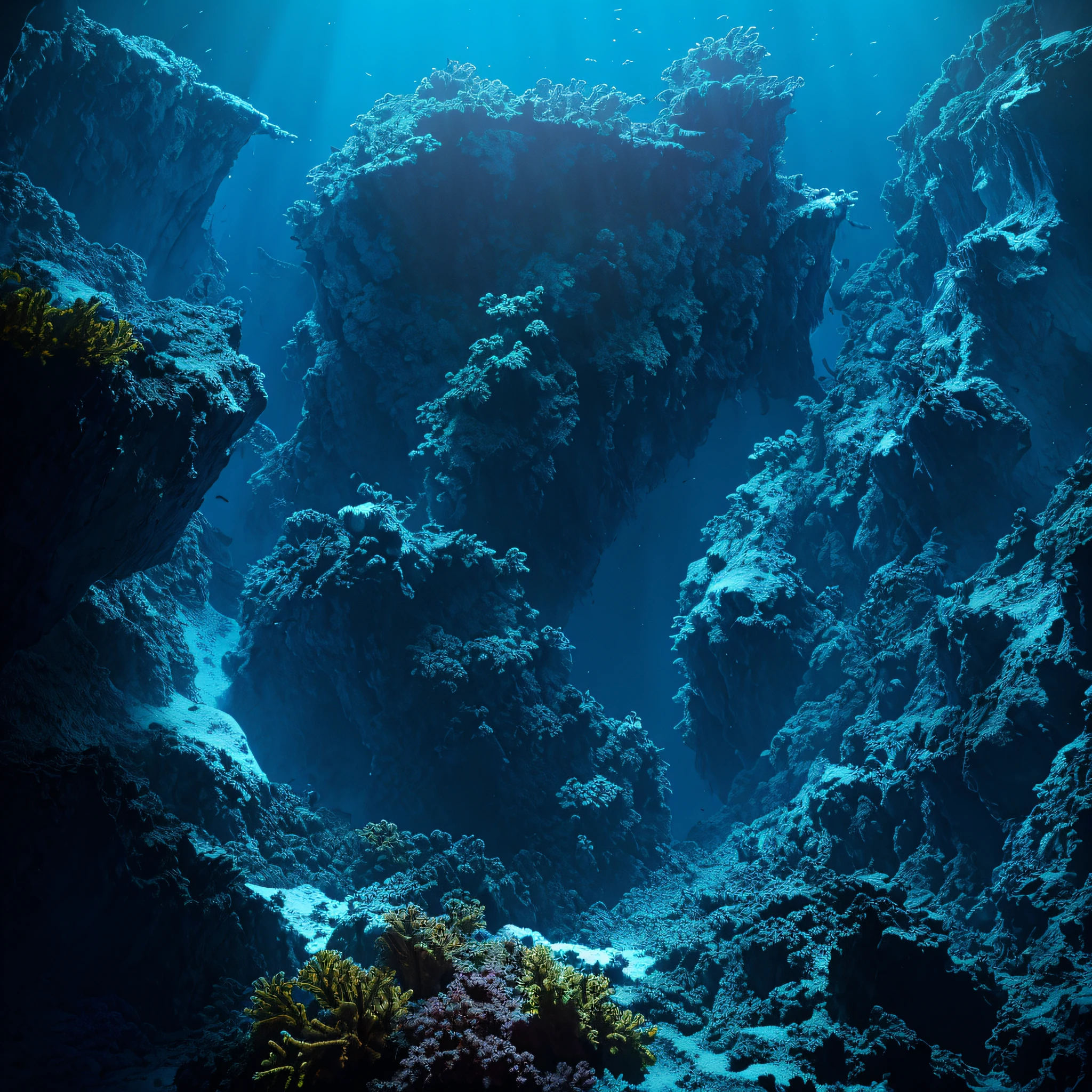 Abyssal Symphony, stunning Mariana Trench, full extent stunning Mariana Trench, cinematic, atmospheric, filmed, detailed photo