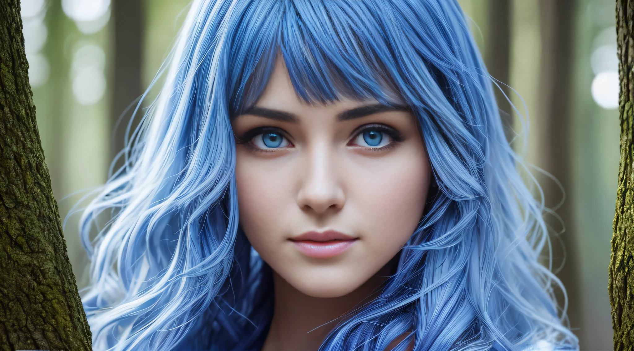 a mystical and magical blue forest, chiaroscuro, hyperrealism, luminism, hd, very detailed, 4k, 8k, shot on a Nikon Z7 II and Nikon NIKKOR Z 105mm f/2.8 VR S, best quality, detailed face, detailed eyes, detailed pupils, detailed clothes and features, clear background, --ar 16:9 - - - --auto --s2