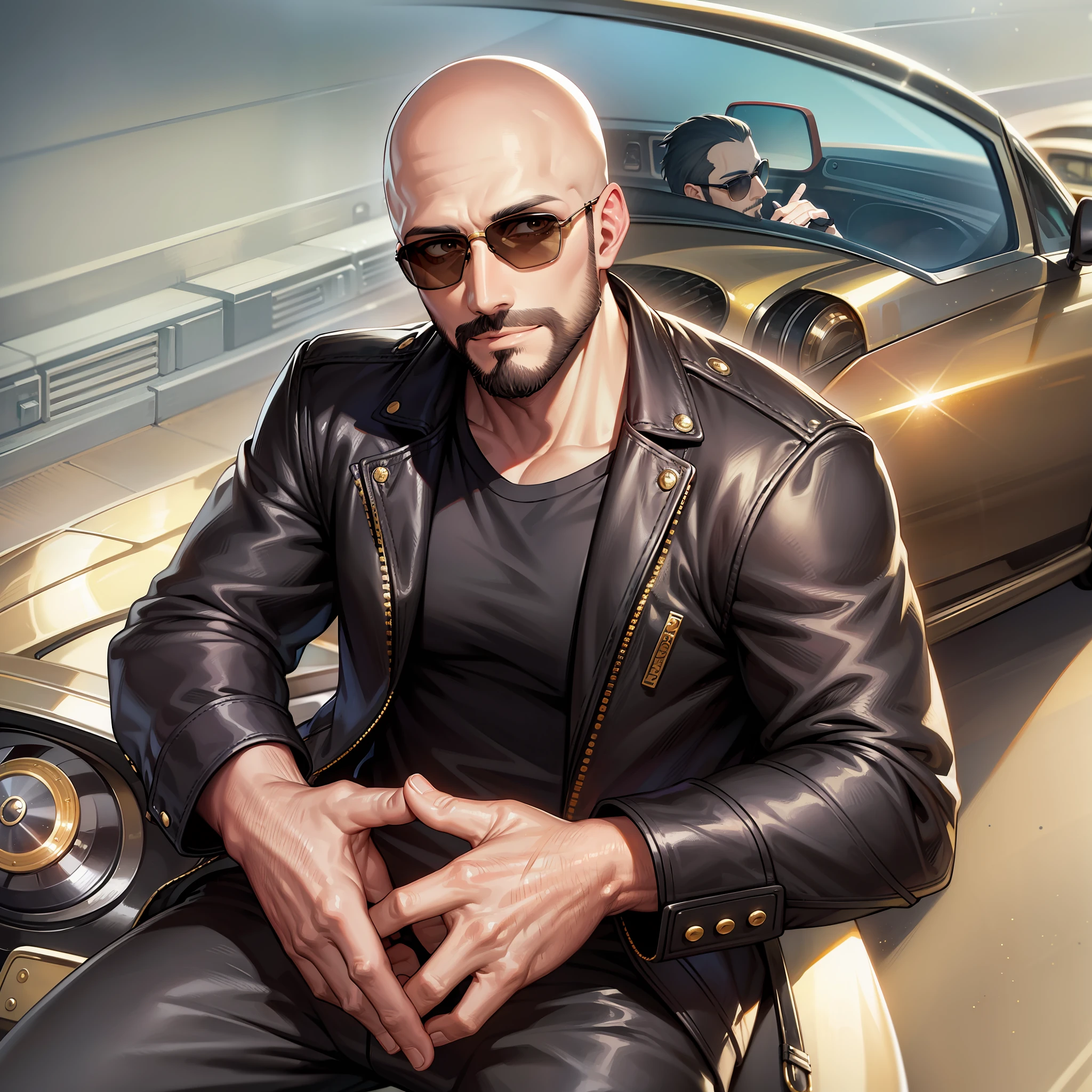 Brown eyes, bald,man, stubble beard, black t-shirt, sunglasses, hands crossed, next to golden Bugatti, on the road, looking at the viewer, cowboy shot, masterpiece