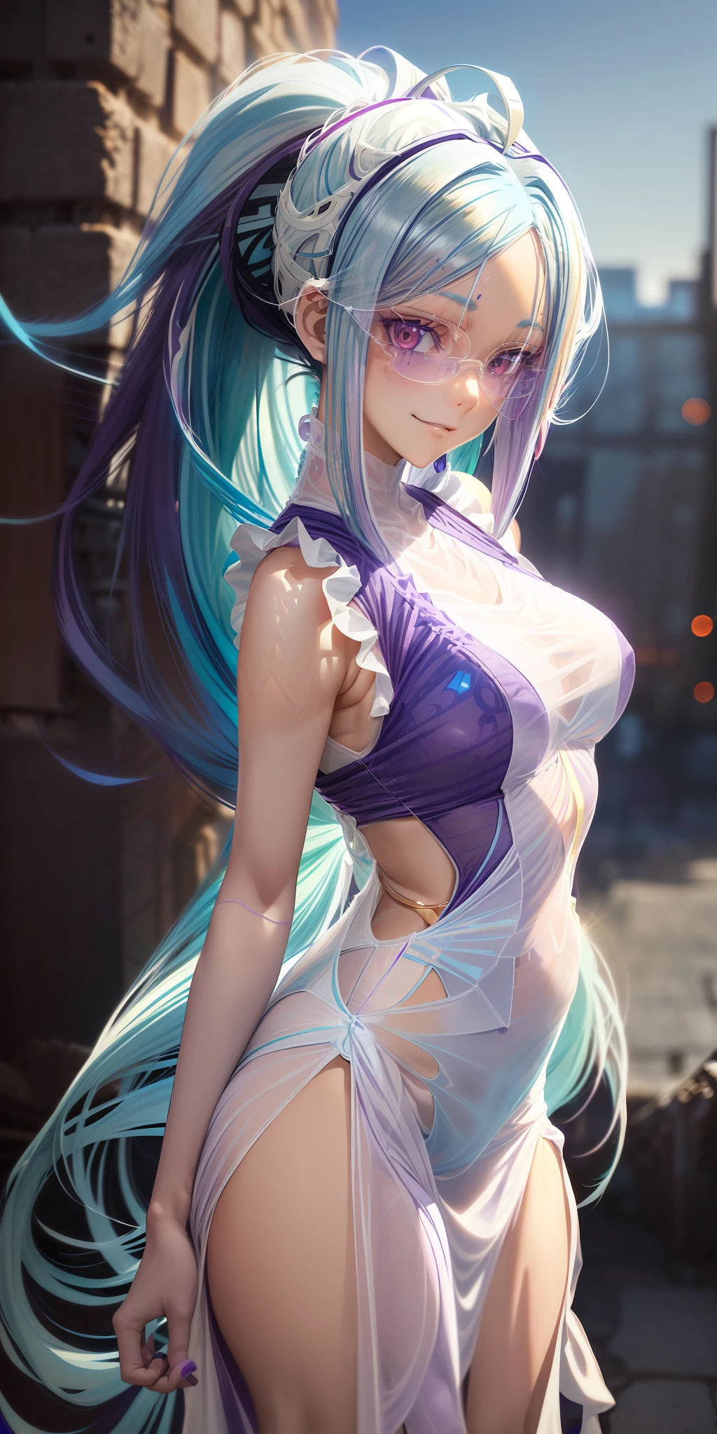 (anime),((animation)),game cg,in code geass style,(ponytail),(light blue hair:1.3),(colored inner hair:purple:1.6),((Orange eyes)),Stylish glasses,moon face,evil grin,((see-through) White color Sleeveless one-piece long (dress):1.5),garter belt,30 years old,girl,sexy,beautiful,gleaming skin,(Background is a ruins)