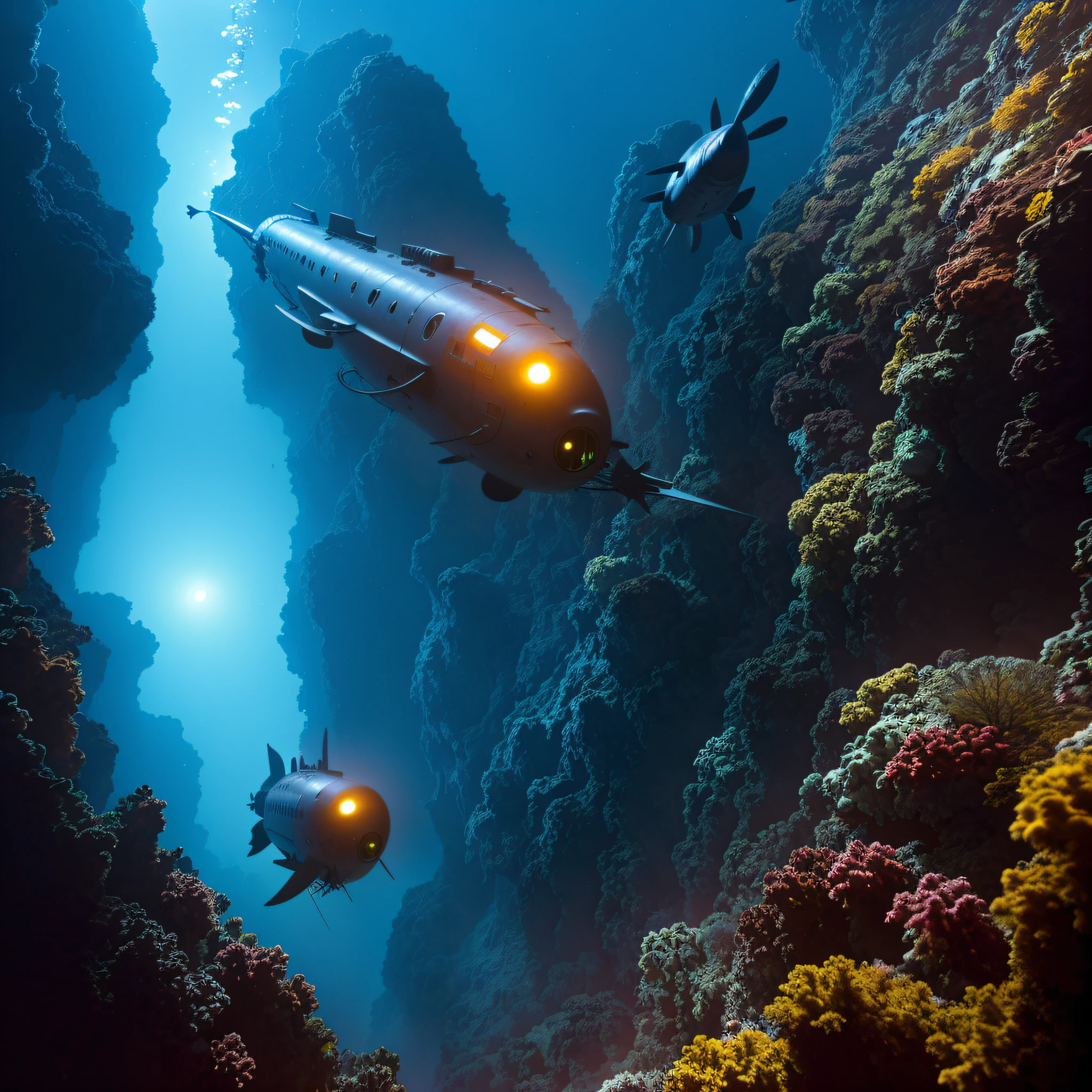 an underwater exploration submarine descending into the abyssal depths, Abyssal Symphony, cinematic, atmospheric, filmed, detailed photo