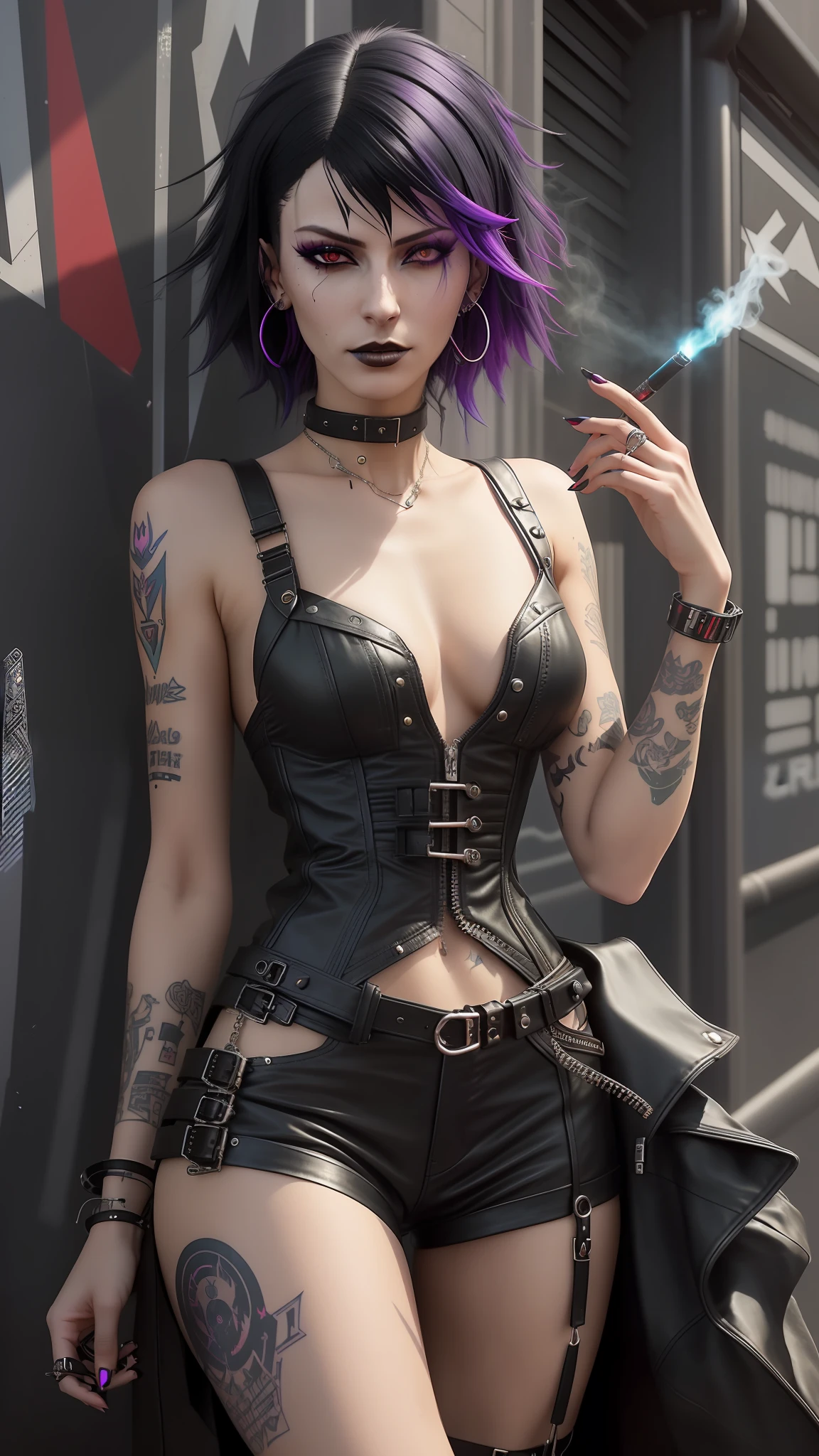 arafed woman in a black leather outfit smoking a cigarette, seductive cyberpunk dark fantasy, cyberpunk outfit, cyberpunk style outfit, gothic - cyberpunk, beautiful cyberpunk woman model, cyberpunk 2 0 y. o model girl, all black cyberpunk clothes, cyberpunk high fashion, cyberpunk angry gorgeous goddess, cyberpunk girl, cyberpunk fashion clothing, cyberpunk fashion, cyberpunk look, has cyberpunk style