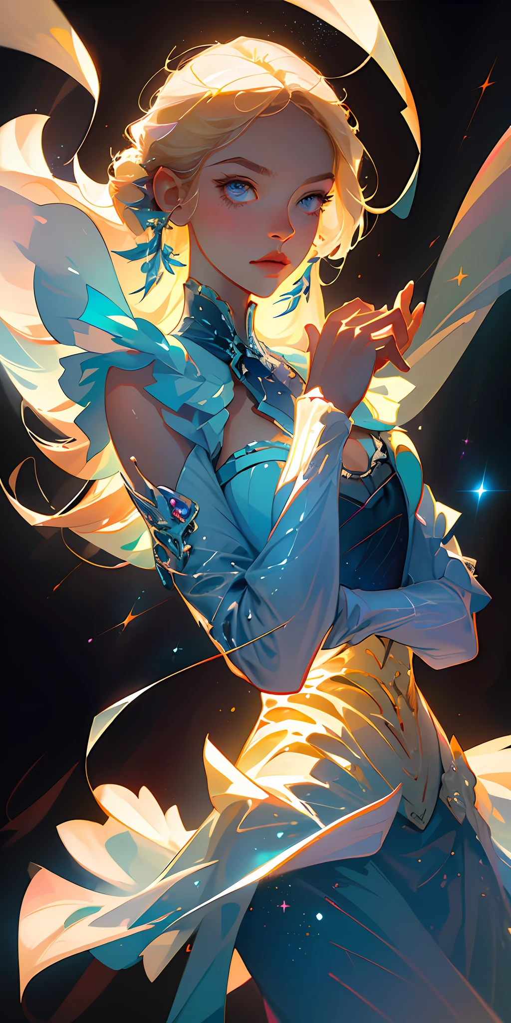 "((masterpiece)), best quality, ultra-fine detail, exquisite illustration, dynamic pose, isolated girl, blonde hair, simple background, looking at the viewer, floating particles, wind effect, featured flowers, upper body, galaxy on top, all in spectacular resolution."