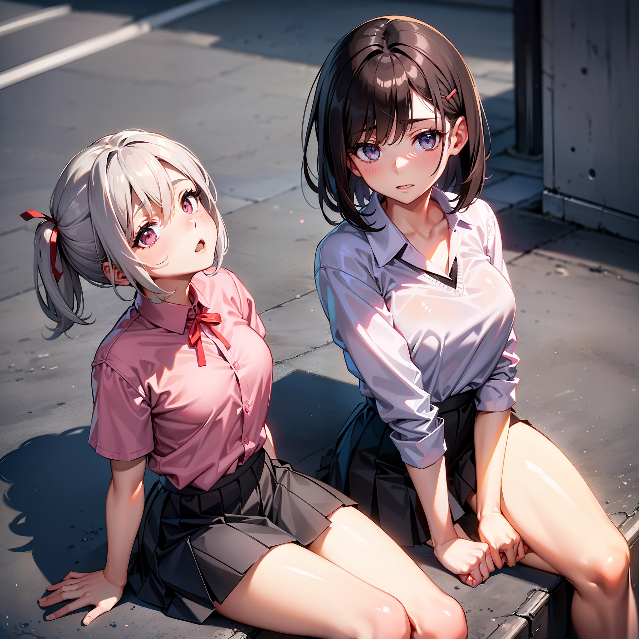 realistic, upward, sideways, school uniform, pink shirt, red ribbon, wet, skin, perfect eyes, middle breast, body line, gray high-waisted skirt, gray hair, urban background, sitting, bob-hair, miniskirt, bra, hair ornament, bullish, looking up, dark brown hair