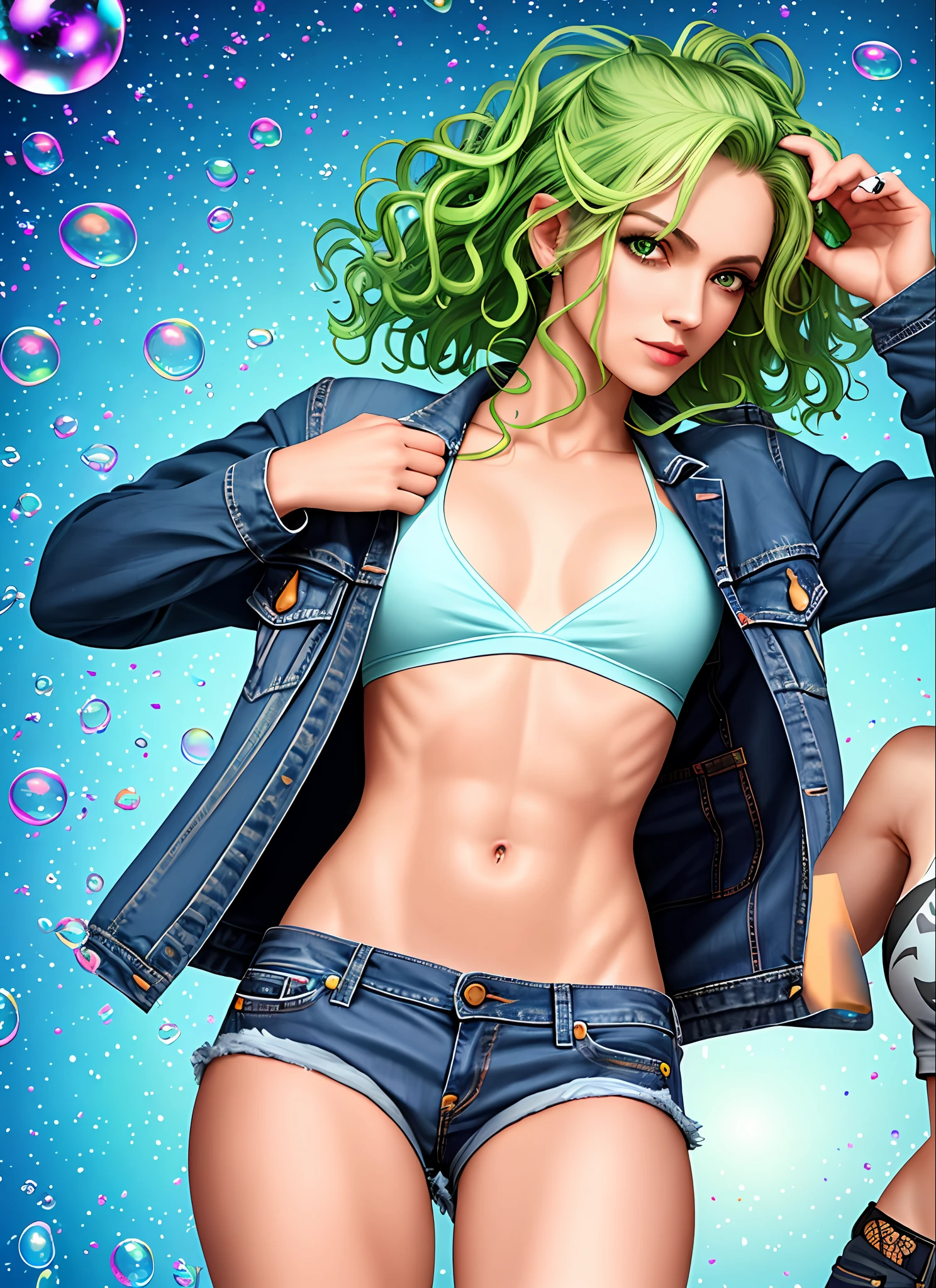 drunk beautiful woman 1girl as Sandman's delirium, (hallucinating colorful soap bubbles), green curly hair,
Abs, fit, thin, wearing a black croptop denim jacket and jean shorts, punk rock, tank girl, high detail, 8k