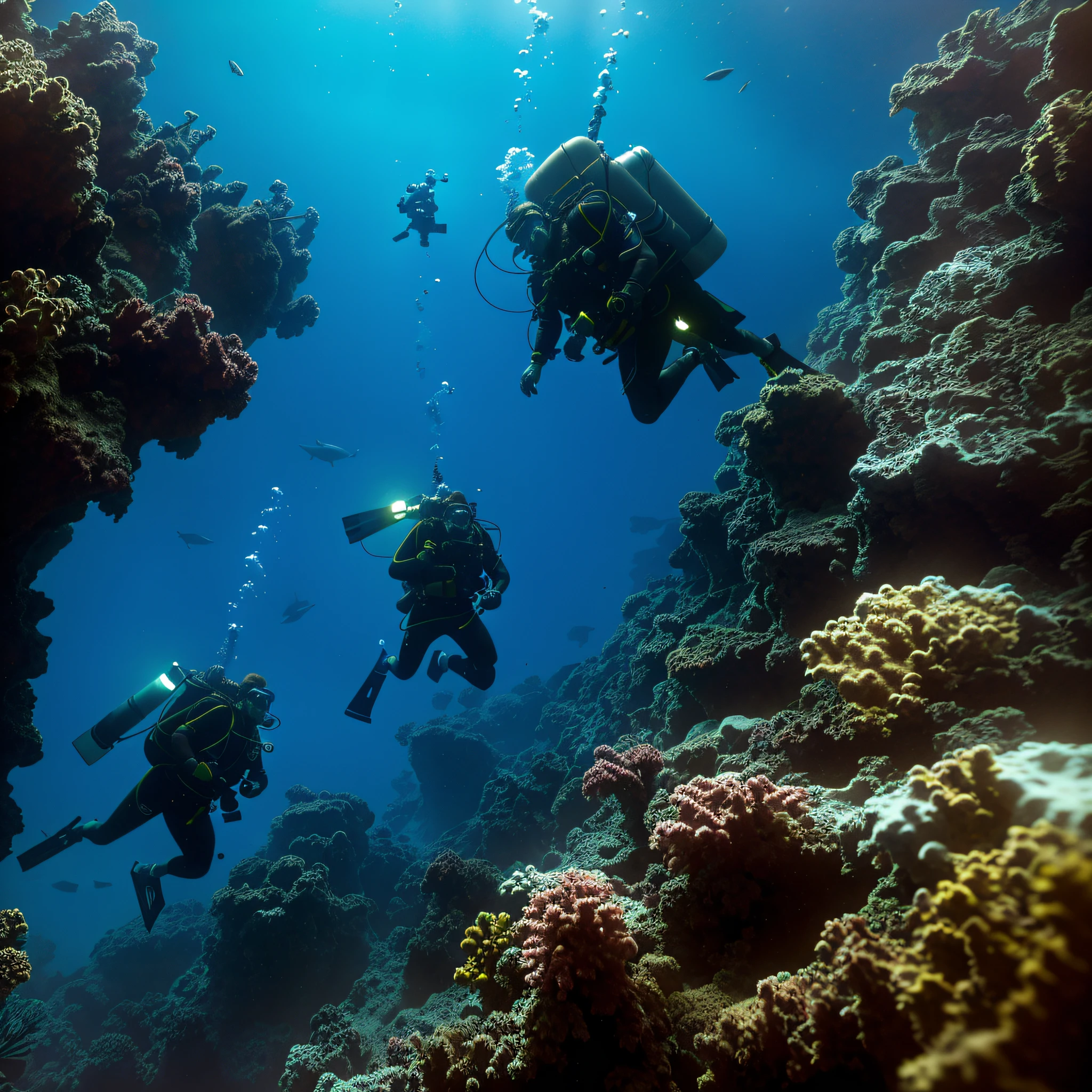 An image showing the team of marine scientist divers studying deep sea samples, which inhabit the ocean depths, Abyssal Symphony, cinematic, atmospheric, filmed, detailed photo