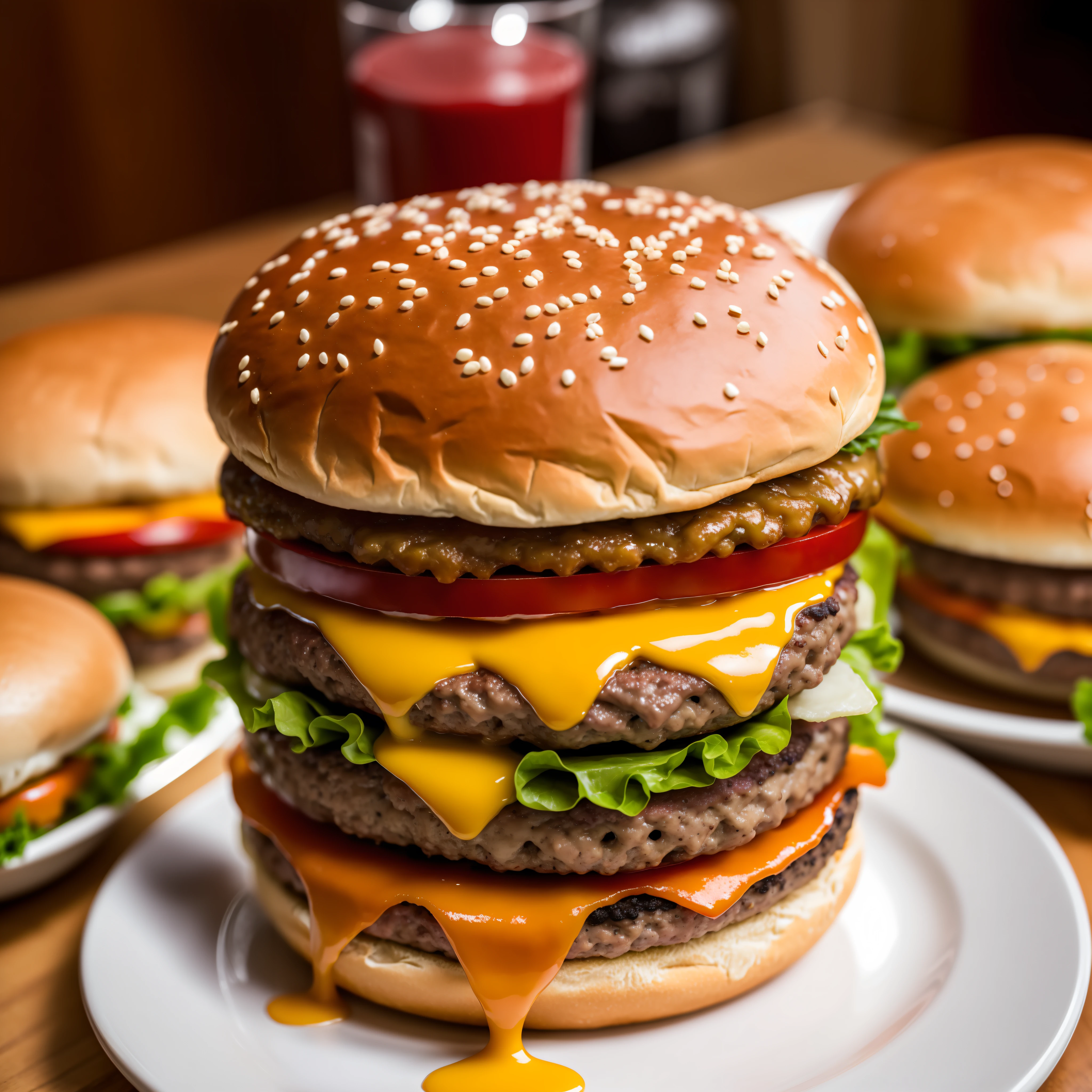 a closeup of a burger with meat and cheese on a bun, juicy burger, smoked layers, cheeseburger, burger on a plate, professional food photography, up-close food photography, high quality food photography, hamburger, monster burger, deathburger, 4K food photography