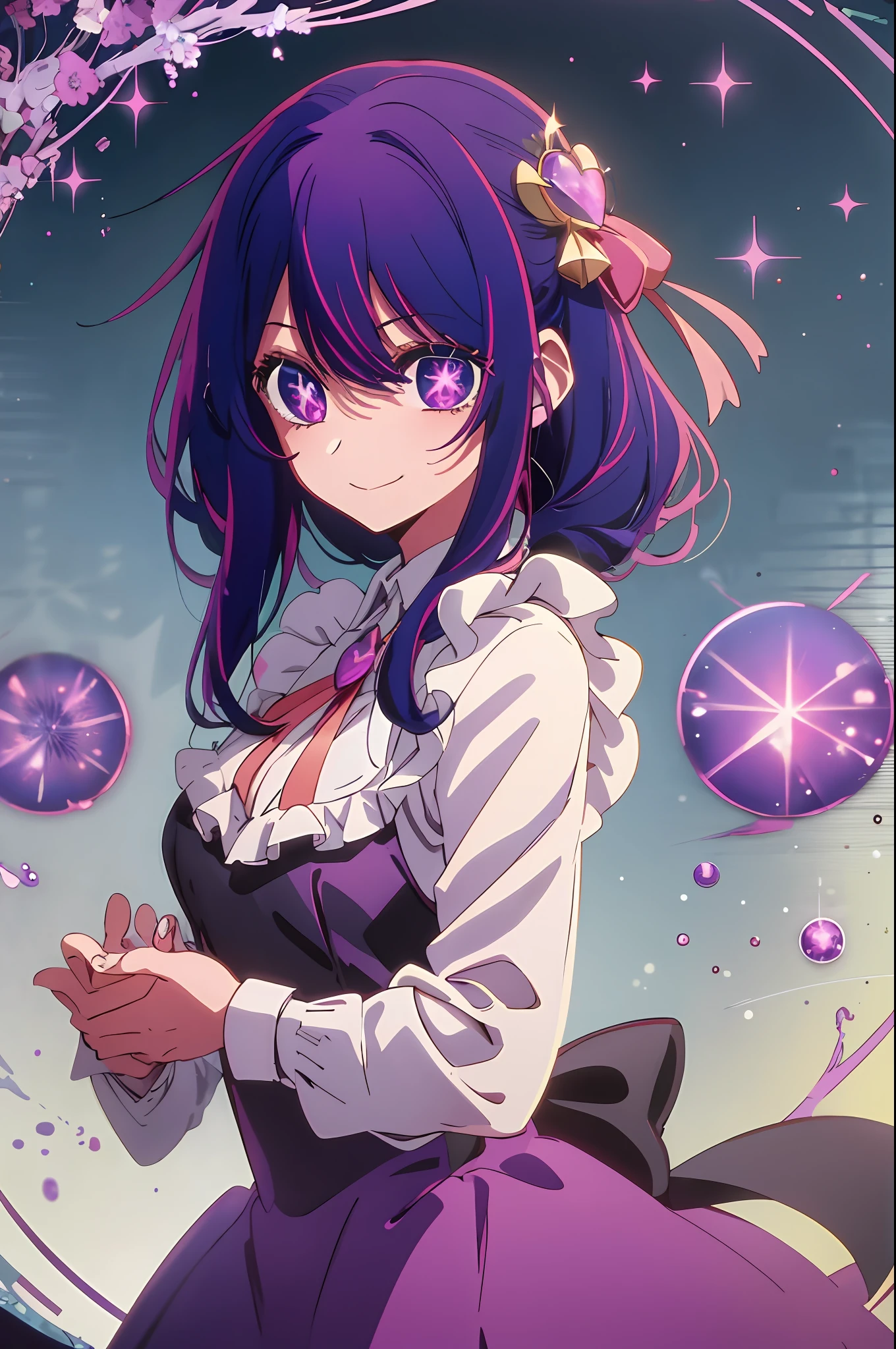 2d, masterpiece, best quality, anime, highly detailed, cowboy shot, 1girl, solo, maid dress, purple hair, purple galaxy hair, purple eyes, , looking at viewer, smile, bangs, Star symbol-shaped pupils, heart-shaped pupils,