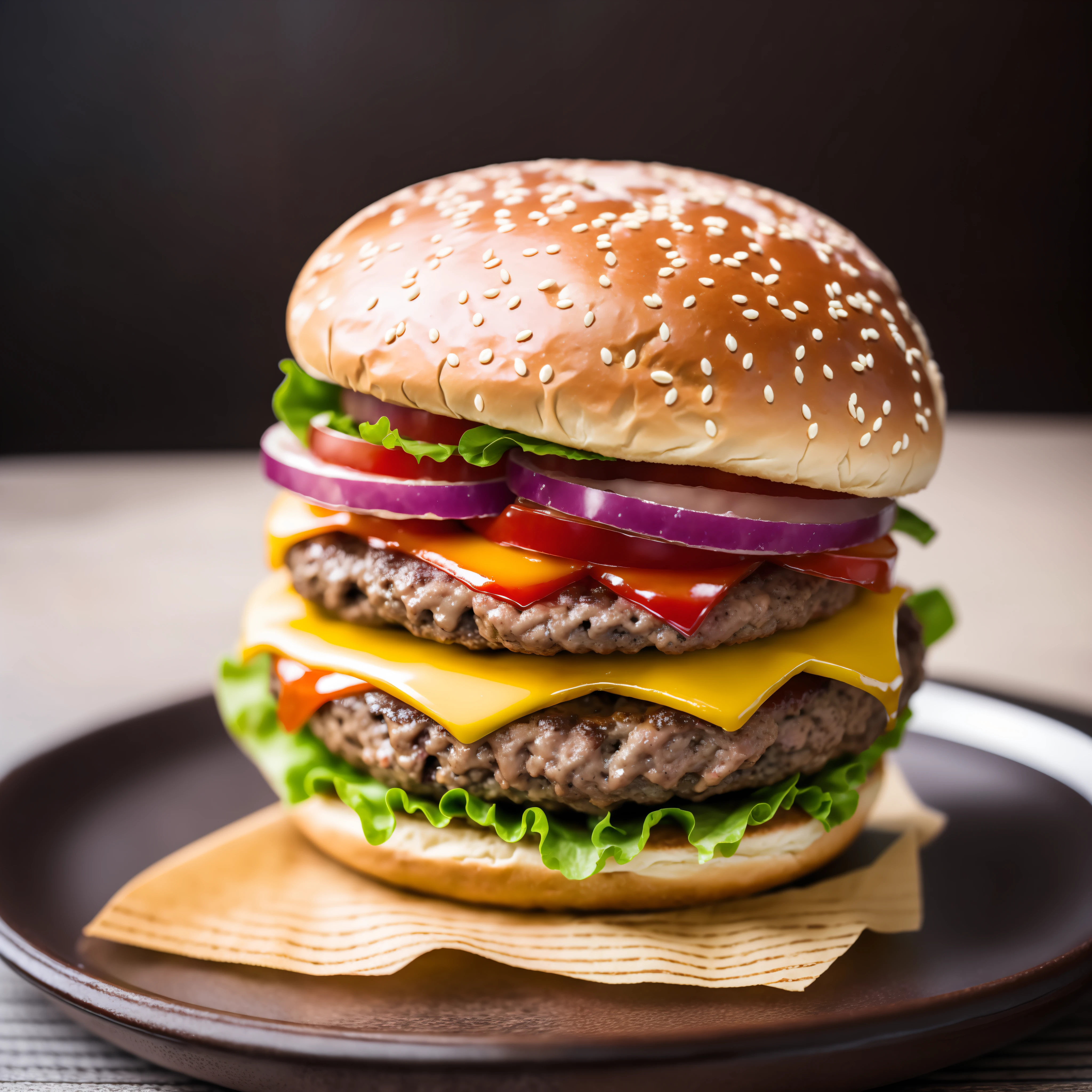 a closeup of 3 burger with meat and cheese on a bun, juicy burger, smoked layers, cheeseburger, burger on a plate, professional food photography, up-close food photography, high quality food photography, hamburger, monster burger, deathburger, 4K food photography, dark background
