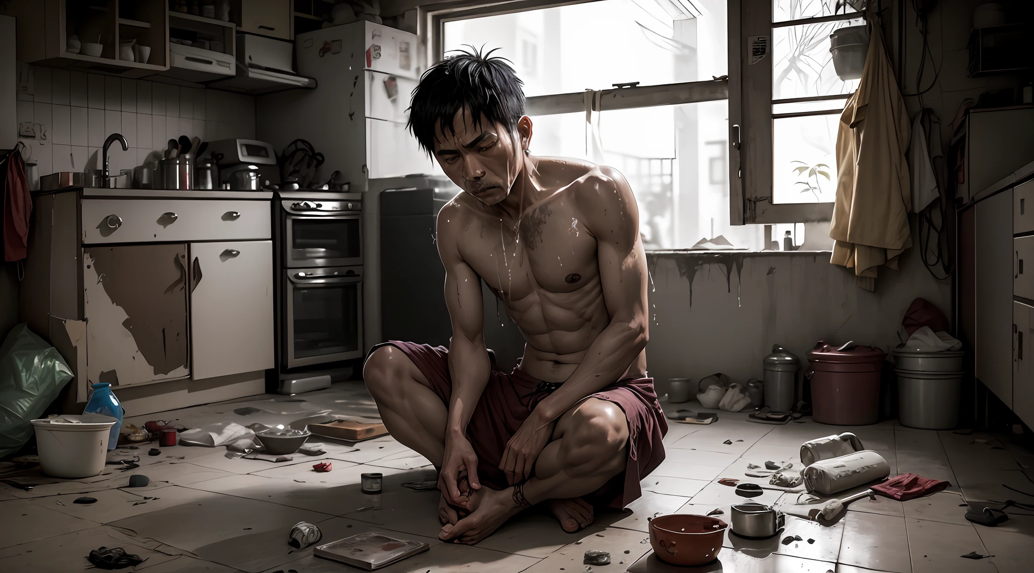 Drug addiction
Asian middle-aged man
kitchen
Stripped bare
ragged
Episodes of drug addiction
Thin, weak and sweaty
It's painful
despair
Drug apparatus
Broken dreams
Psychological dilemmas
Deterioration of health
Social isolation
Self-destruction
Signs of poisoning
Debilitating the body
Drug addicts
Drug Alert
Distorted reality
Photo