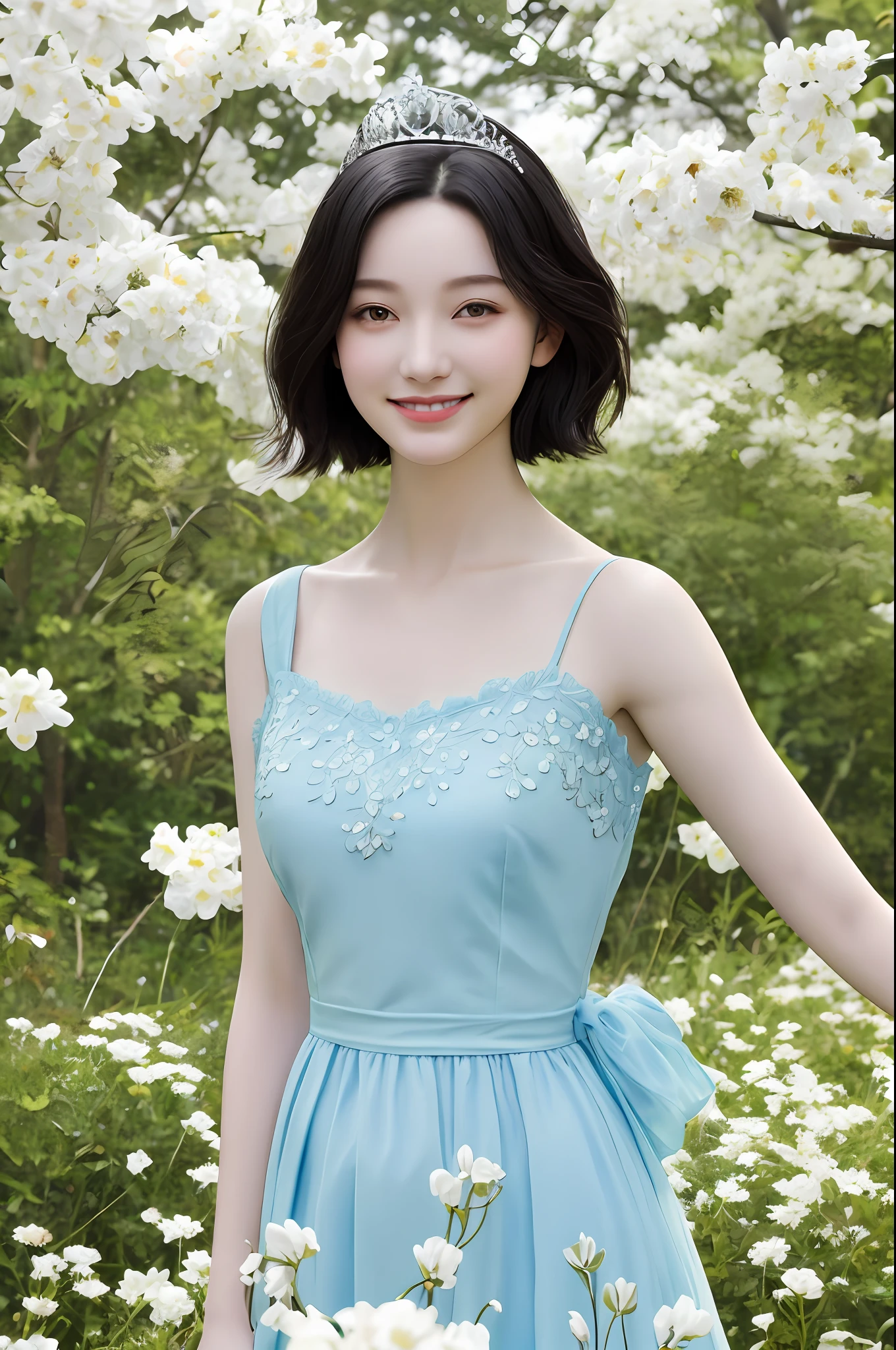 cute girl photo realistic,stands in a park where white clover blooms all around, exquisite and beautiful face, pretty face, (peach Red lips:1.1),pale skin, snow white skin, milky skin, smooth translucent skin, tender and smooth skin,(black hair:1.2),(bob hair:1.2), short hair, exquisite collarbone, seductive and delicate collarbone, charming fragrant shoulders, shoulders slightly exposed, open-shoulder dress,sky blue short skirt,sleeveless,(sleeve:-2.0),tiara,smile,smile with teeth,bokeh, full body,very realistic details, ultra-high resolution,outstanding details