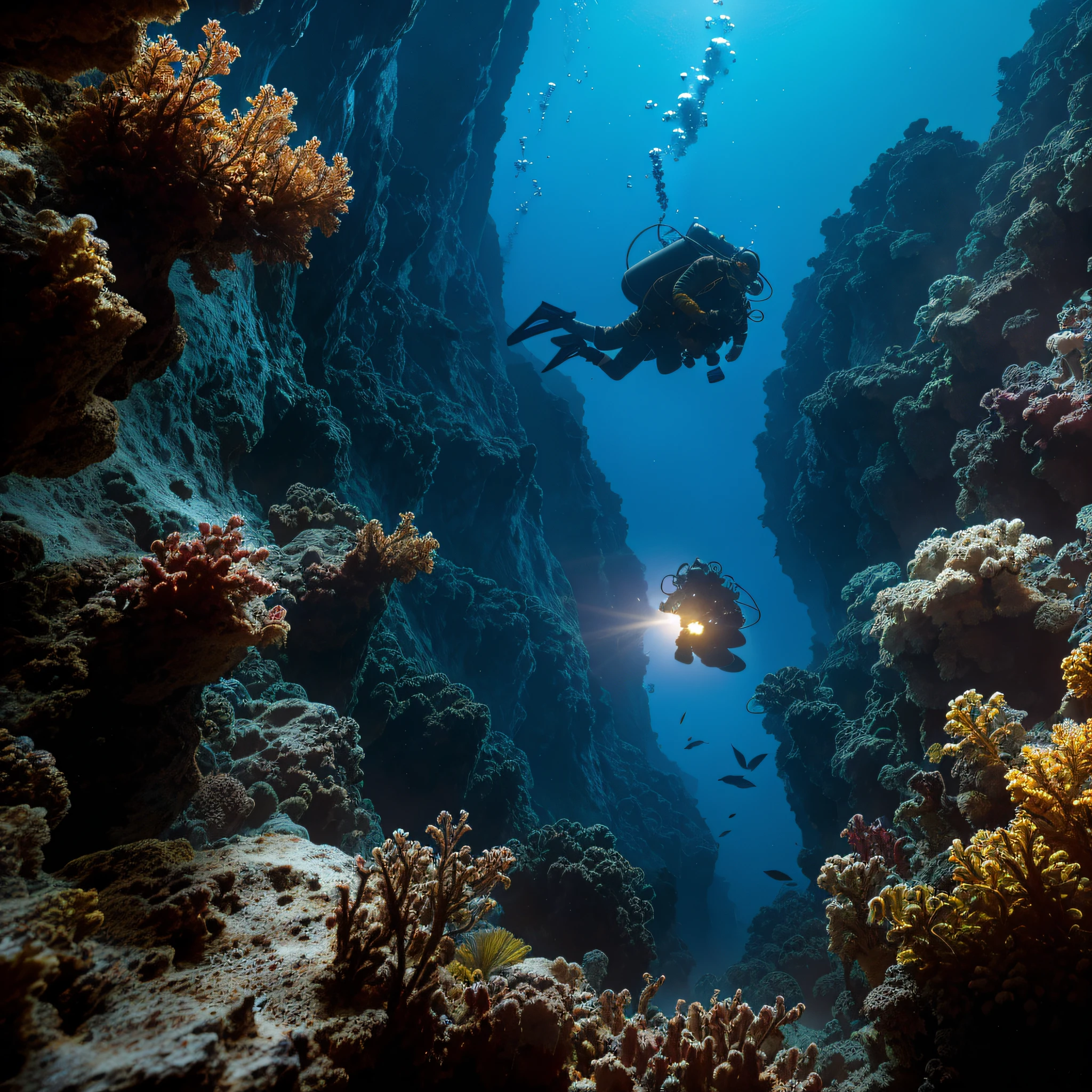 a photo of a marine scientist diver studying samples collected from the depths, which inhabit the depths of the ocean, Abyssal Symphony, cinematic, atmospheric, filmed, detailed photo