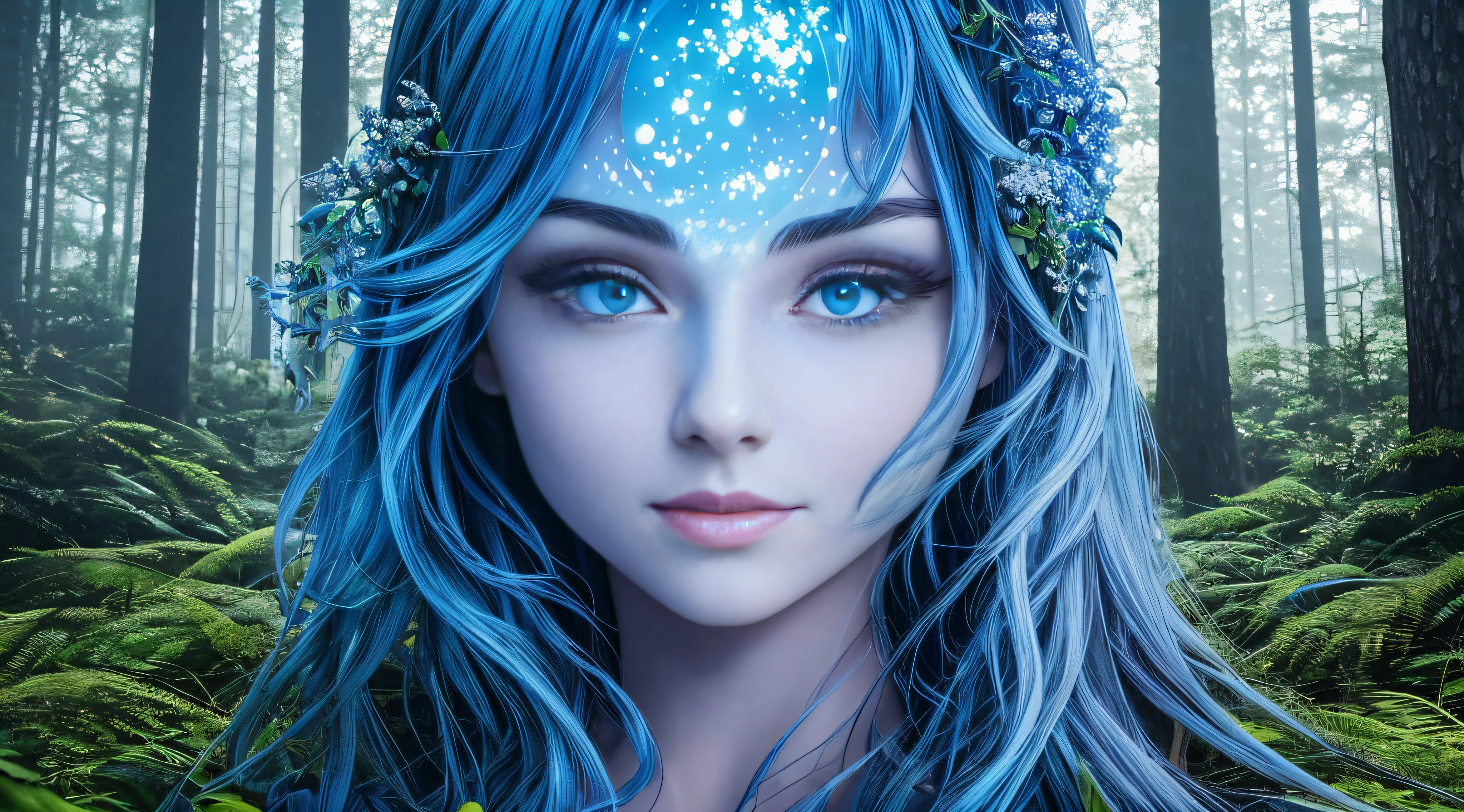 a mystical and magical blue forest, chiaroscuro, hyperrealism, luminism, hd, very detailed, 4k, 8k, shot on a Nikon Z7 II and Nikon NIKKOR Z 105mm f/2.8 VR S, best quality, detailed face, detailed eyes, detailed pupils, detailed clothes and features, clear background, --ar 16:9 - - - --auto --s2