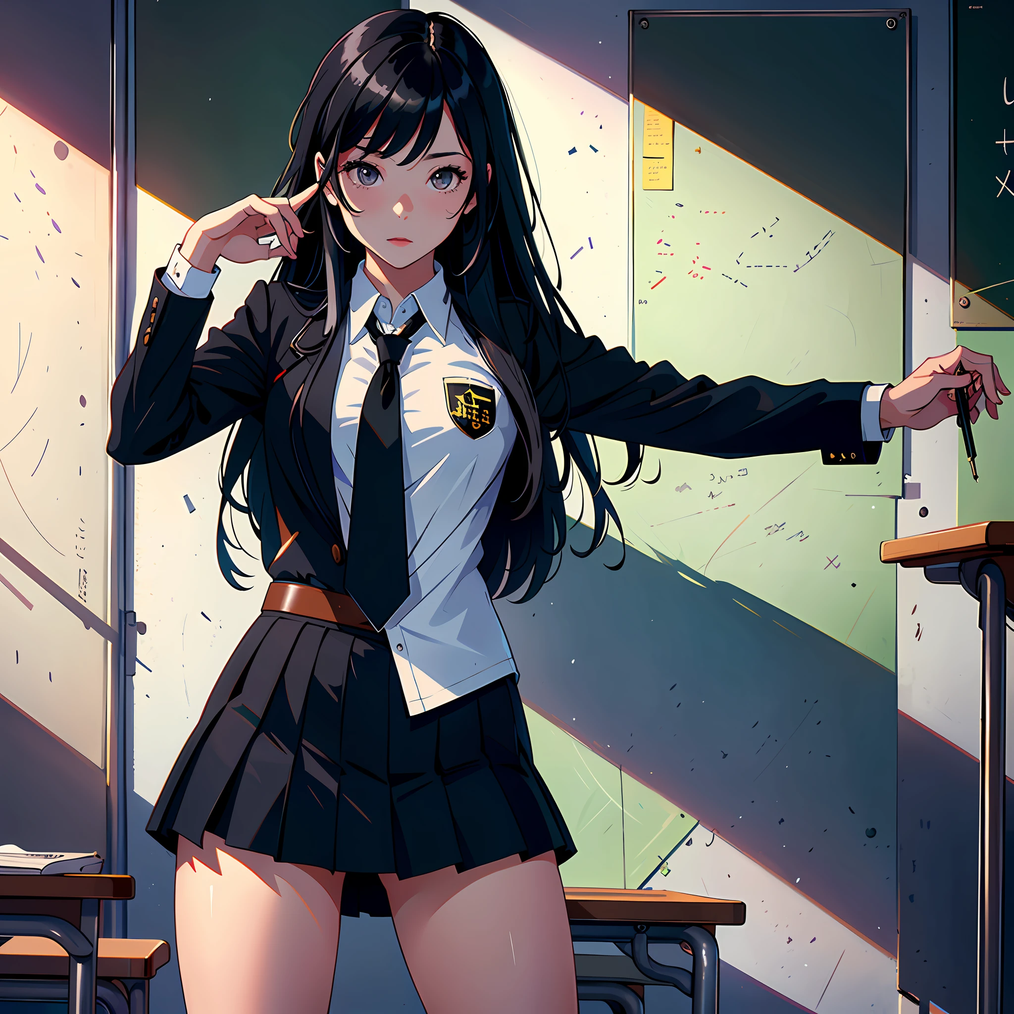 Ultra high resolution, 16k, ((masterpiece)), ((best quality))), ((super detailed)), a girl, long black hair, high school uniform, in the classroom
