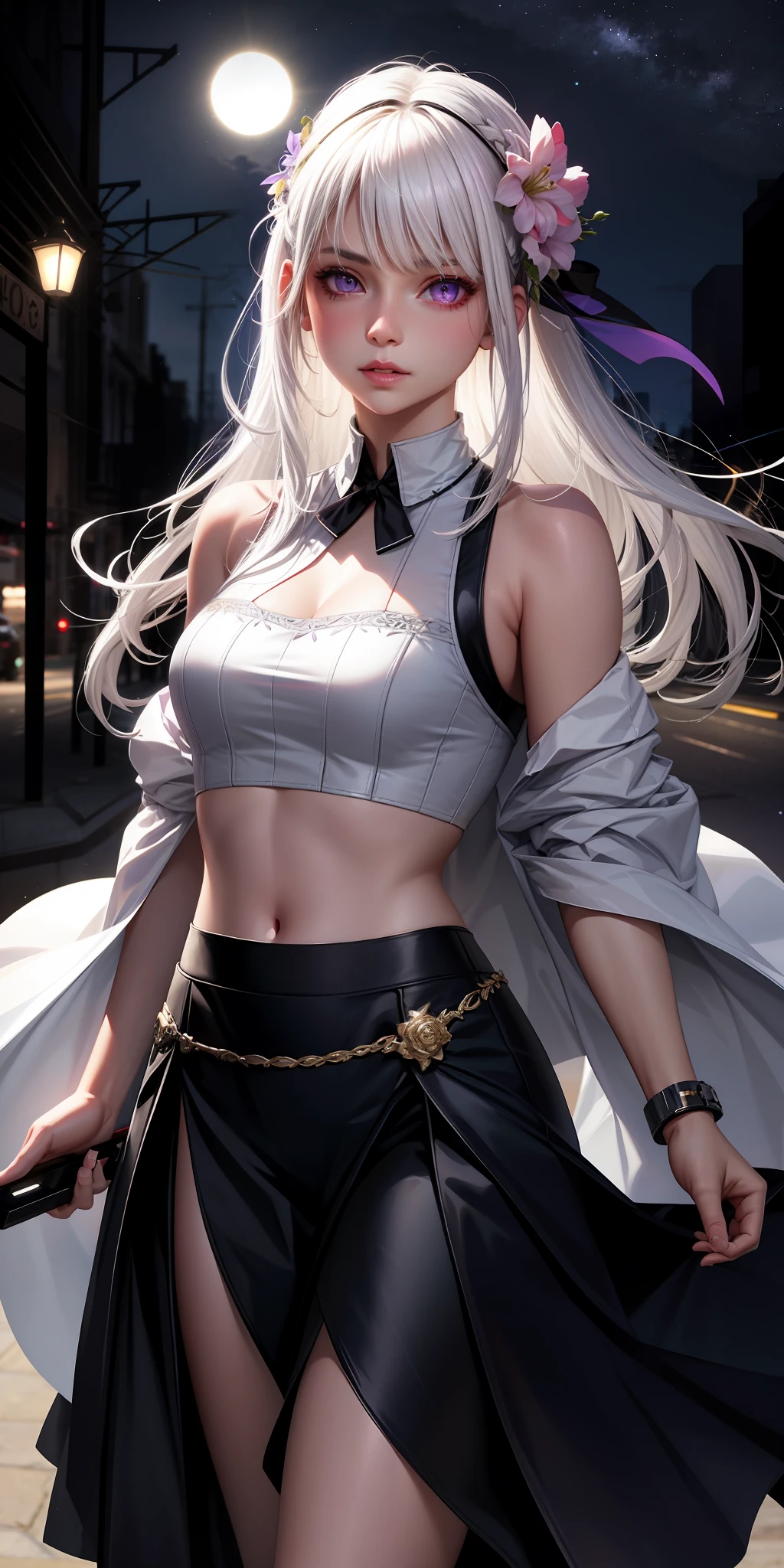 realistic, 1girl, white hair, purple eyes, glowing eyes, crop top, skirt, parted lips, blush, night, flowers, sun, sunlight,