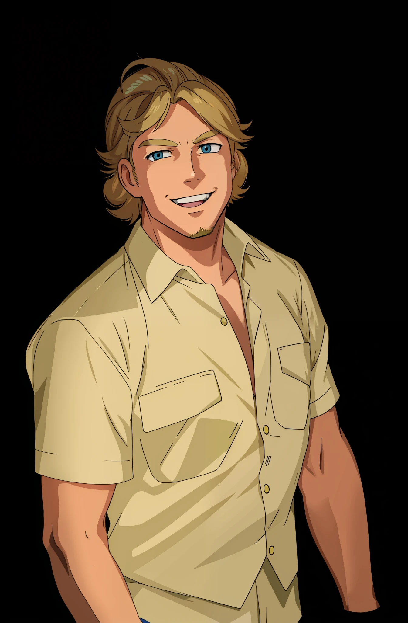 blond man in a tan shirt smiling at the camera, full body photo of steve, steve irwin, commercial photo, pokemon style, pokemon anime style, pokemon anime, anime style, pokemon, anime
