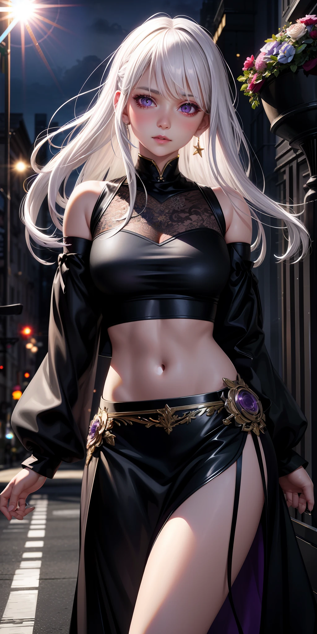 realistic, 1girl, white hair, purple eyes, glowing eyes, crop top, skirt, parted lips, blush, night, flowers, sun, sunlight,