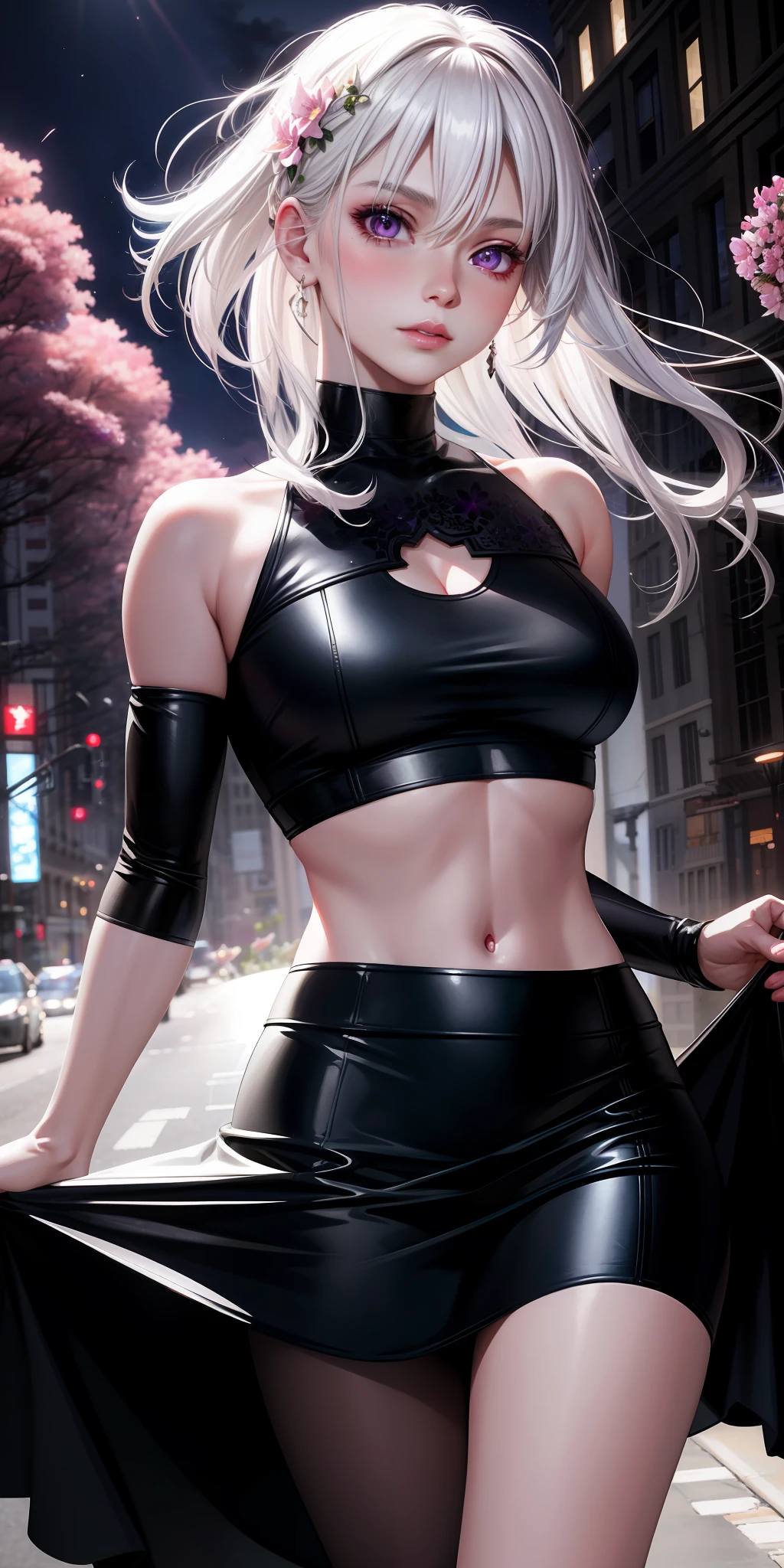 realistic, 1girl, white hair, purple eyes, glowing eyes, crop top, skirt, parted lips, blush, night, flowers, sun, sunlight,