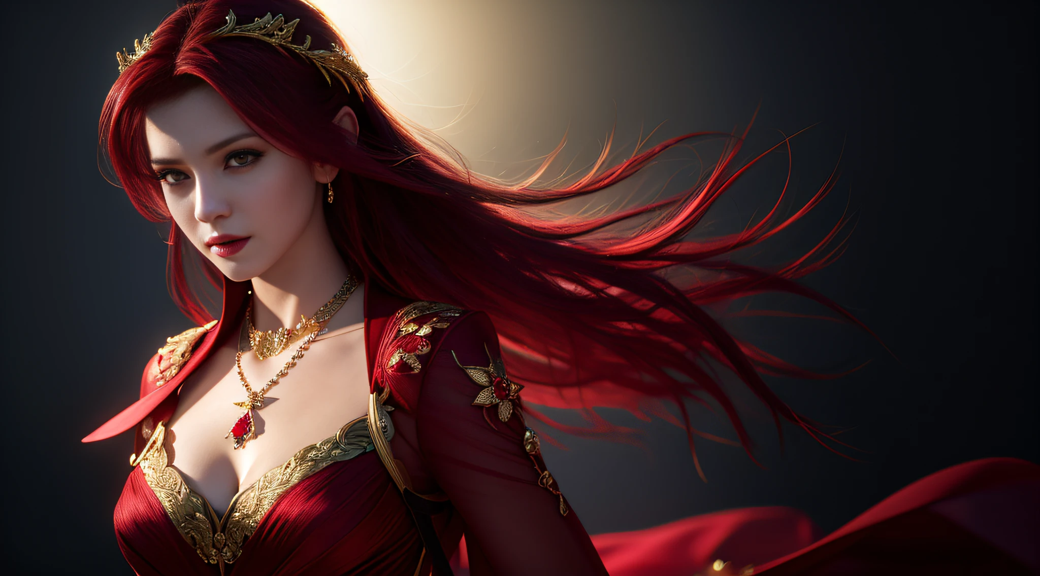 vampire, best quality, masterpiece, highres, 1girl,china dress,red hair, hair ornament,necklace, jewelry,Beautiful face,upon_body, tyndall effect,photorealistic, dark studio, rim lighting, two tone lighting,(high detailed skin:1.2), 8k uhd, dslr, soft lighting, high quality, volumetric lighting, candid, Photograph, high resolution, 4k, 8k, Bokeh