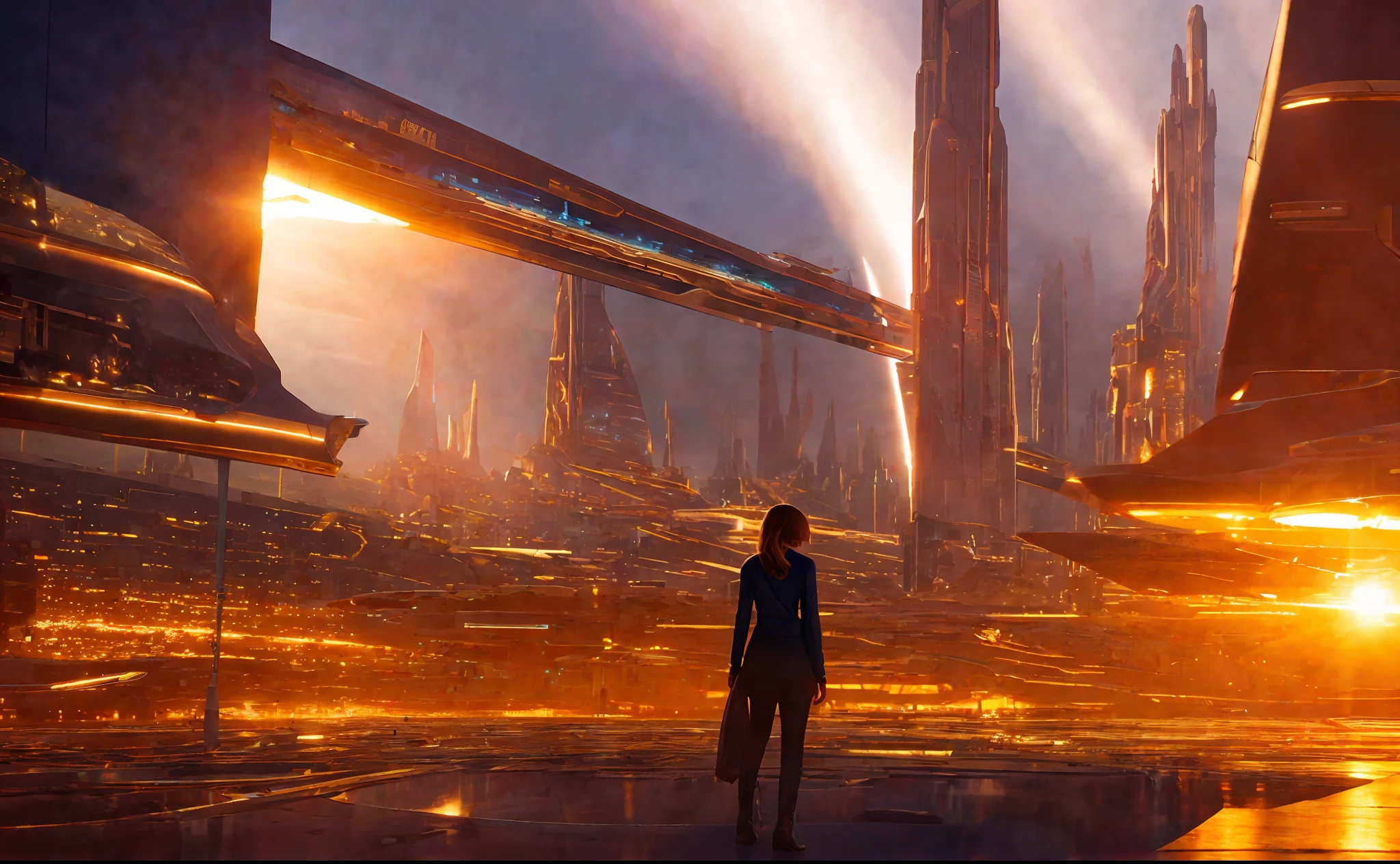 girl in background, golden rays light, golden flashes, futuristic sci-fi city landscape, sci-fi, ultra-realistic, high resolution, city
