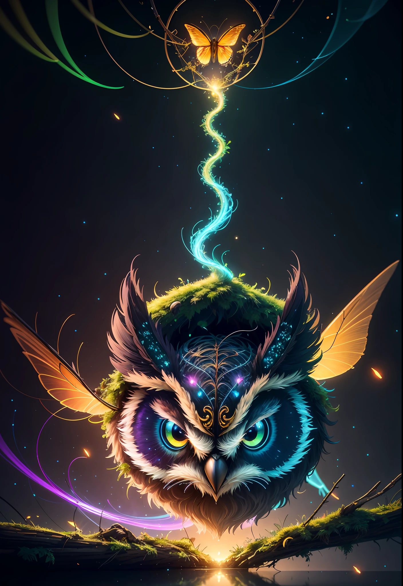 Masterpiece, best quality, extremely beautiful reflection, best reflection. (Very detailed CG unity 8k wallpaper), (best quality), (best illustration), (best shadow), a photo of a cybernetic owl, perched on barbed wire in a dark alley. His eyes are neon blue, reflecting the lights of the surrounding city. The feathers are fragmented and iridescent, and there is a wonderful code running through them. The shots used create a deformation effect, giving the impression that an owl is observing the viewer from all angles, with a forest theme with natural elements. Tall trees, quiet stream, glowing small mushrooms surrounded by delicate leaves and branches, and fireflies and glowing particle effects, (natural elements), (jungle theme), (leaves), (branches), (fireflies), butterflies, (delicate leaves), (glow), (particle effects), isometric 3D, Octane rendering, ray tracing, super detailed