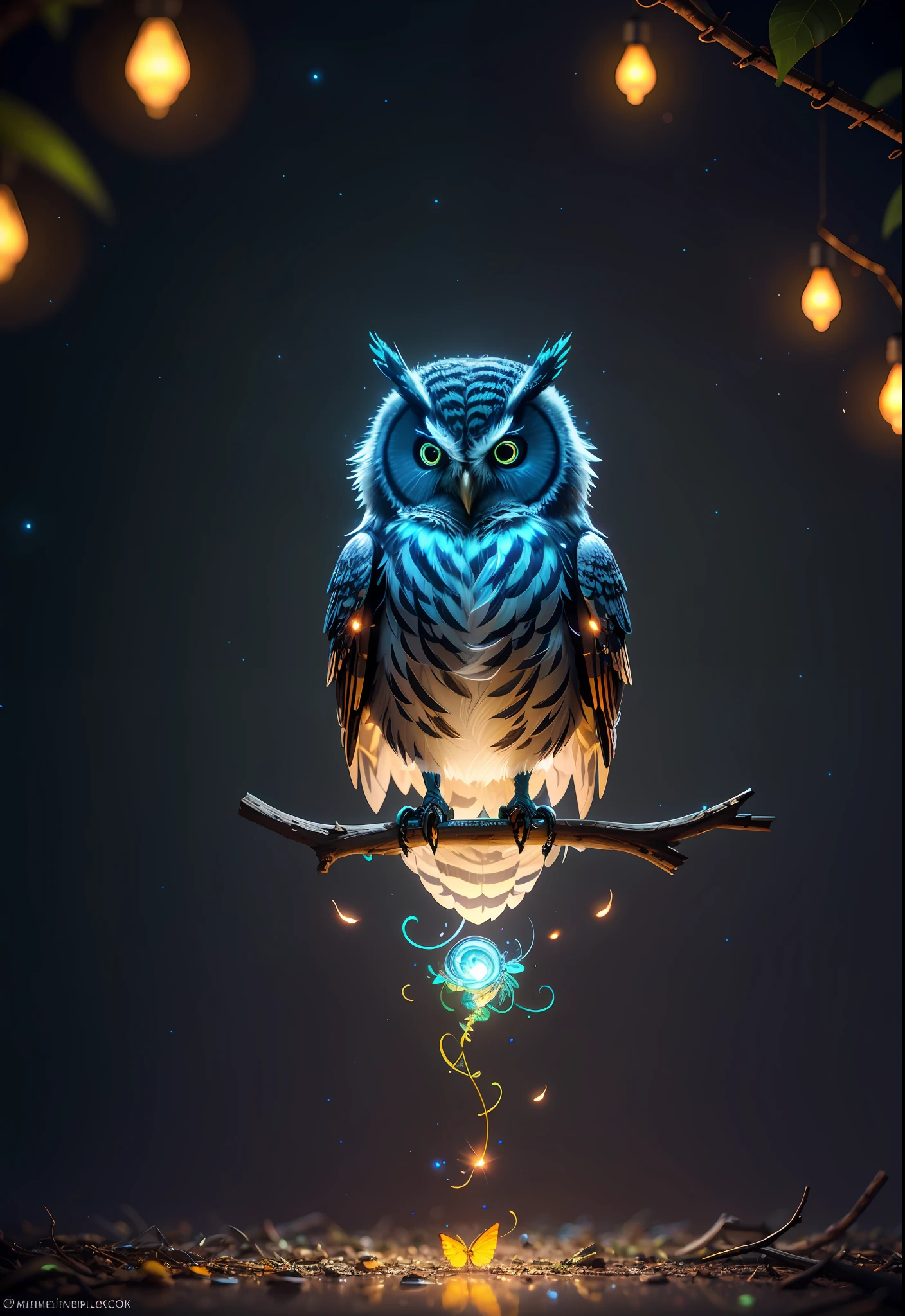Masterpiece, best quality, extremely beautiful reflection, best reflection. (Very detailed CG unity 8k wallpaper), (best quality), (best illustration), (best shadow), a photo of a cybernetic owl, perched on barbed wire in a dark alley. His eyes are neon blue, reflecting the lights of the surrounding city. The feathers are fragmented and iridescent, and there is a wonderful code running through them. The shots used create a deformation effect, giving the impression that an owl is observing the viewer from all angles, with a forest theme with natural elements. Tall trees, quiet stream, glowing small mushrooms surrounded by delicate leaves and branches, and fireflies and glowing particle effects, (natural elements), (jungle theme), (leaves), (branches), (fireflies), butterflies, (delicate leaves), (glow), (particle effects), isometric 3D, Octane rendering, ray tracing, super detailed