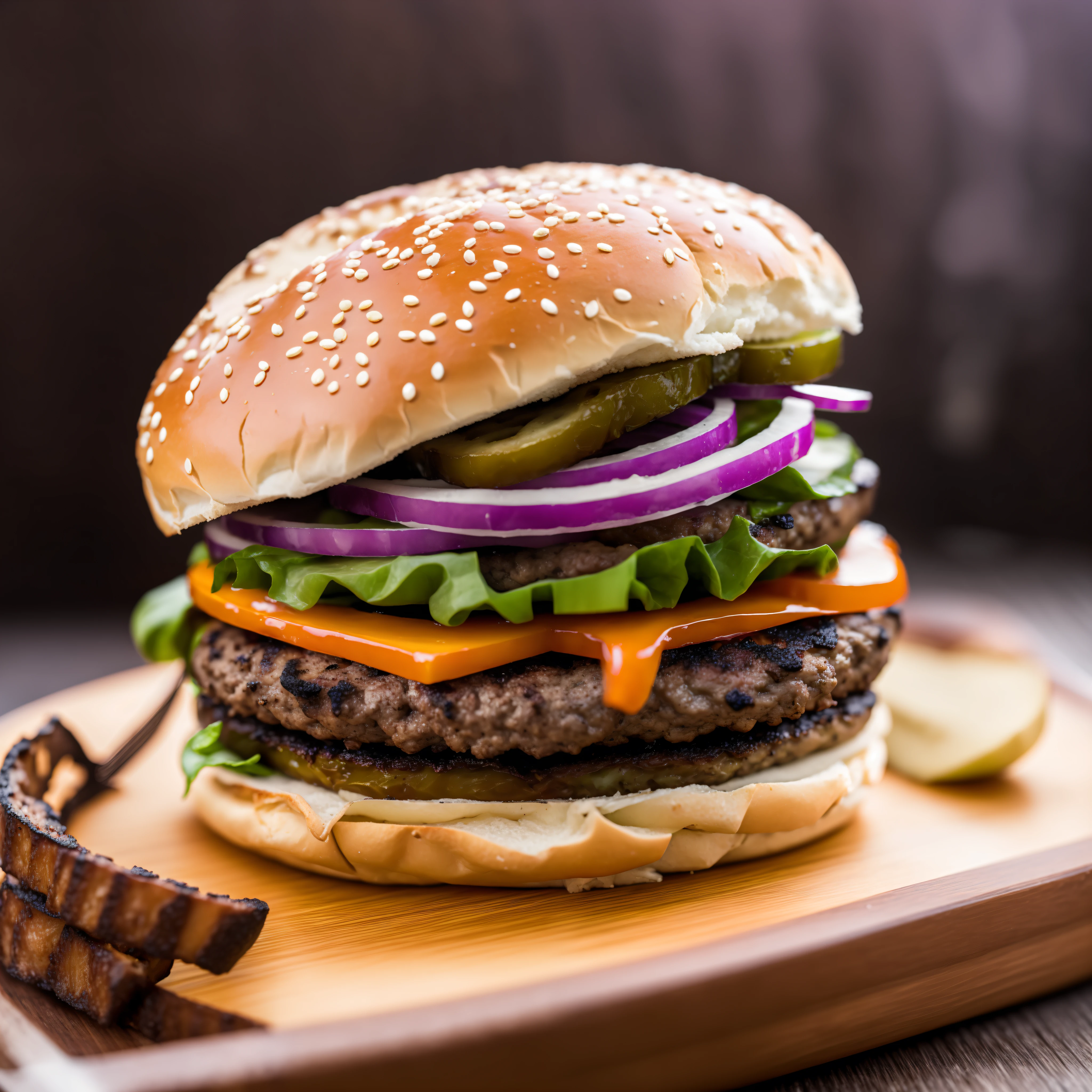 grilled burger, burger on a grill or barbecue, highlighting the grilling process, burger on a lightly toasted bun, with visible grill marks, ingredients, red onion and pickles, , 4K food photography, dark background, high-quality food photography, professional food photography