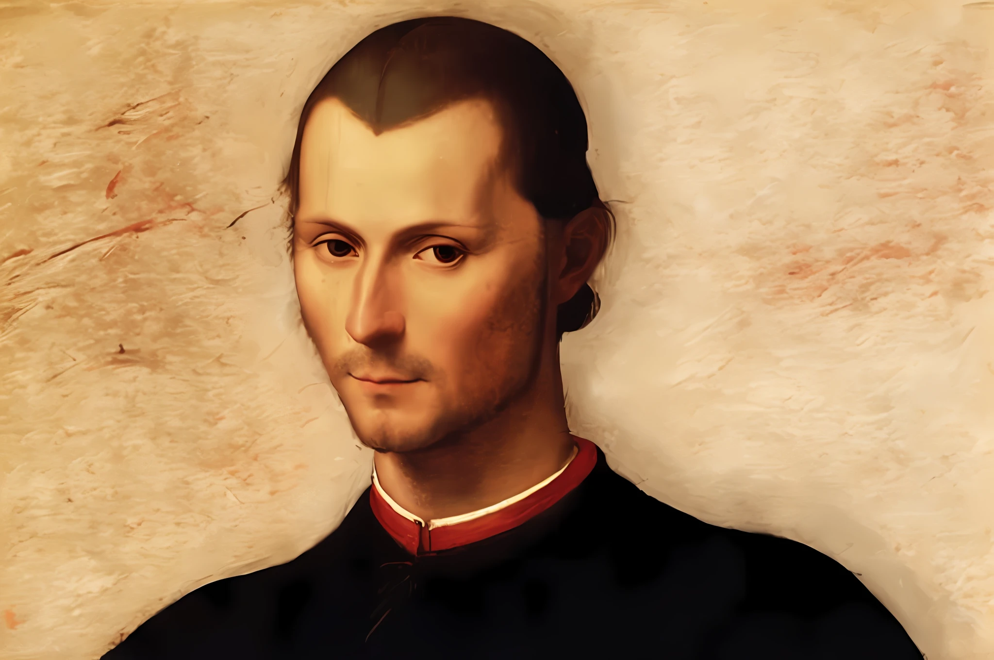arafed portrait of a man with a red collar and a black shirt, machiavellian, artist leonardo davinci, inspired by Pietro Perugino, leonardo davinci, inspired by Giovanni Bernardino Mazzolini, inspired by Ridolfo Ghirlandaio, leonardo divinci, da vinci, renaissance painting of man, painting of a man