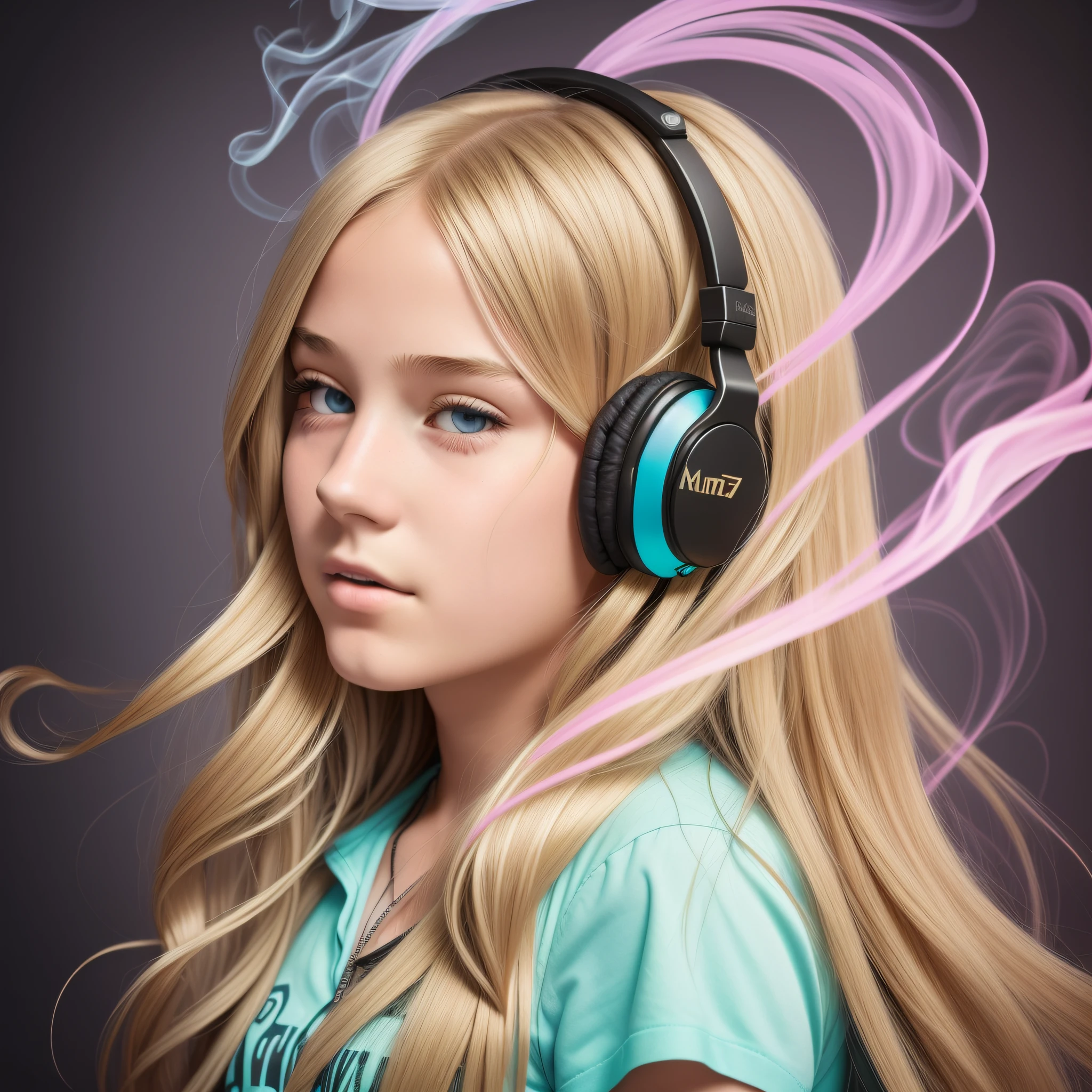 there is a 14 YEAR OLD GIRL In headphones, LONG BLONDE HAIR, smoke effects --auto --s2