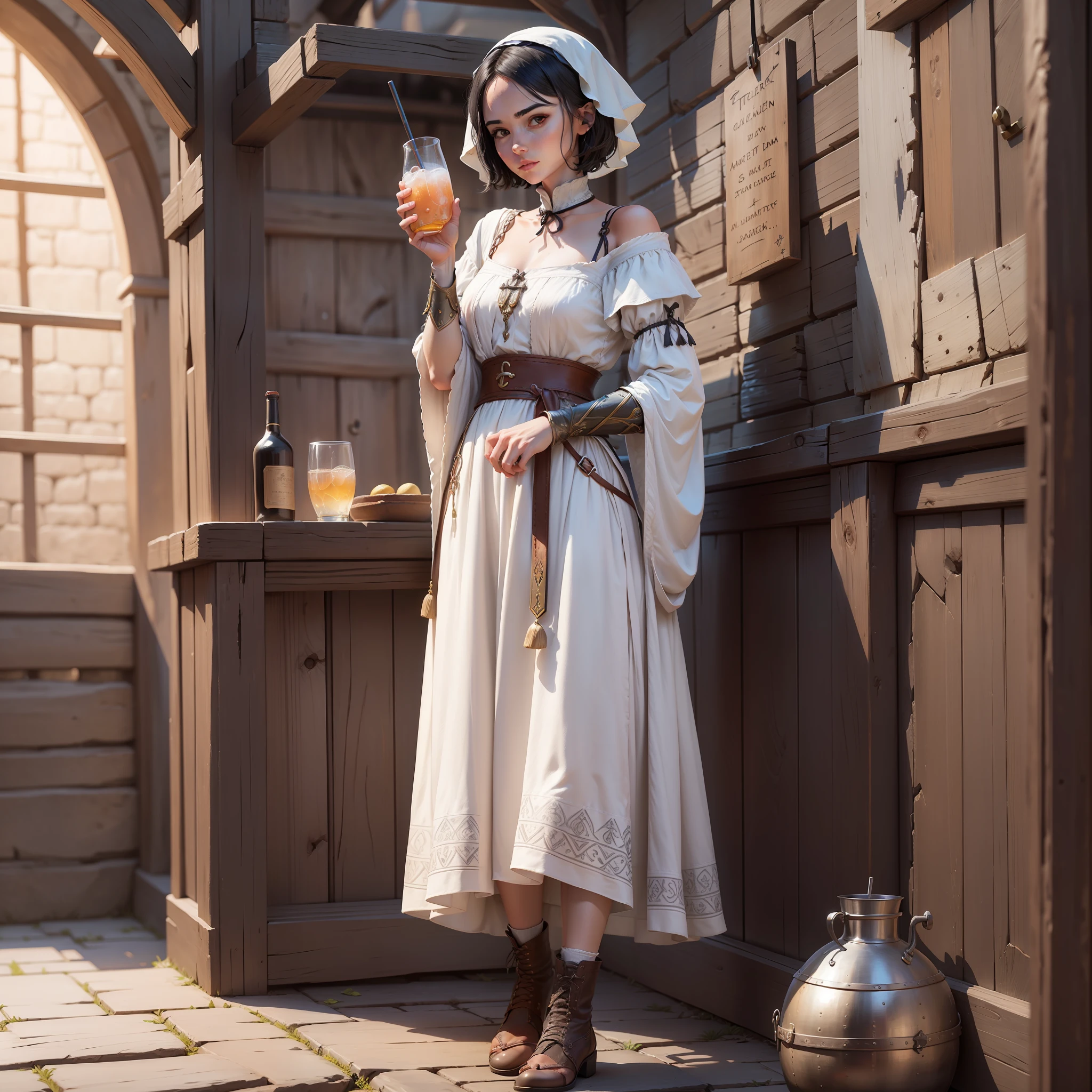 Create 

A bartende from a medieval world in a tavern
Adult human 
Black short hair
White Skin
Captivating look
Medieval clothes 
With drinks in hand 
Dark shoes
8K --auto --s2