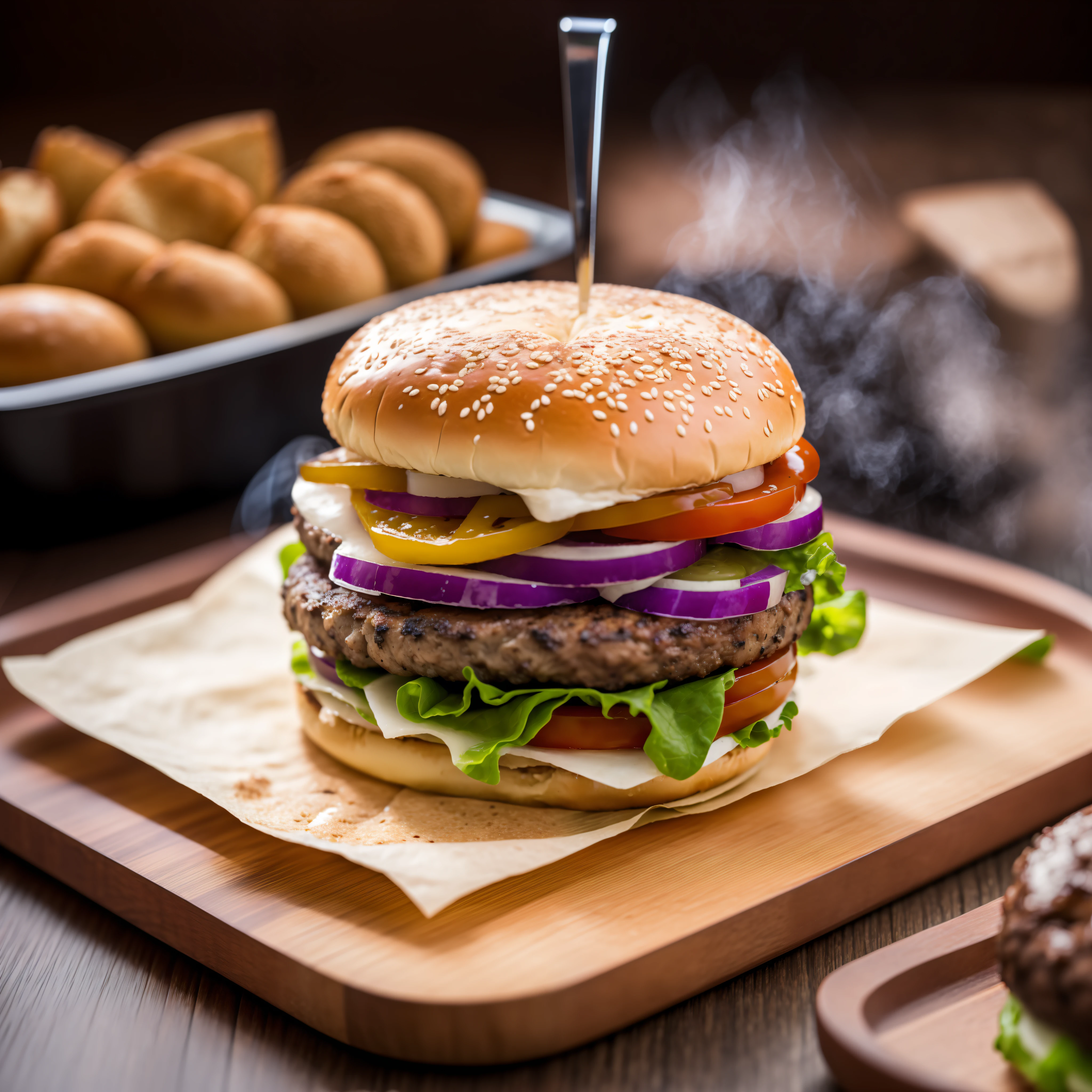 grilled burger, burger on a grill or barbecue, highlighting the grilling process, burger on a lightly toasted bun, with visible grill marks, ingredients, red onion and pickles, 4K food photography, dark background, high-quality food photography, professional food photography