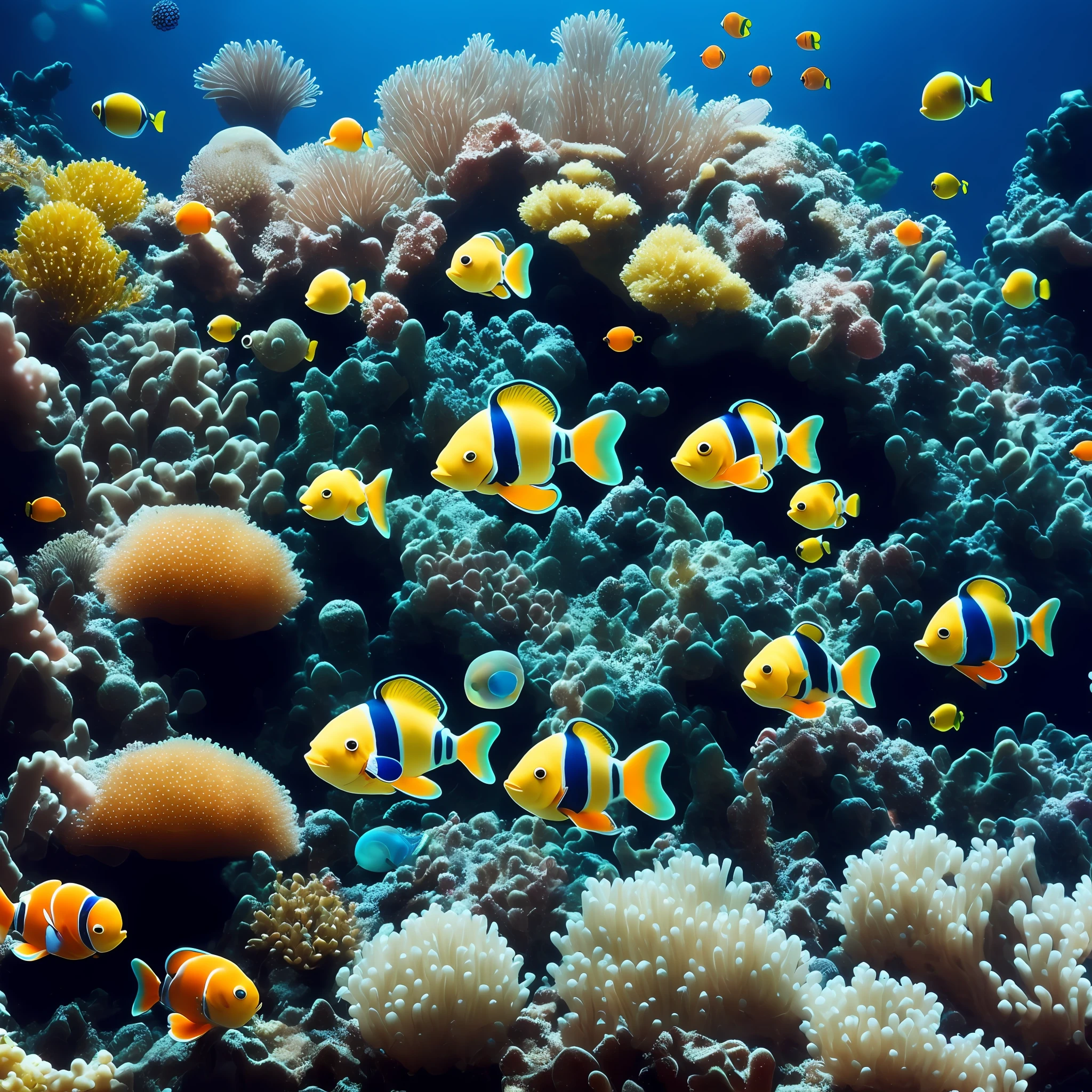 anthill made of anemone, blue and yellow clownfish, various colored fish and pearl with bubbles, upscale