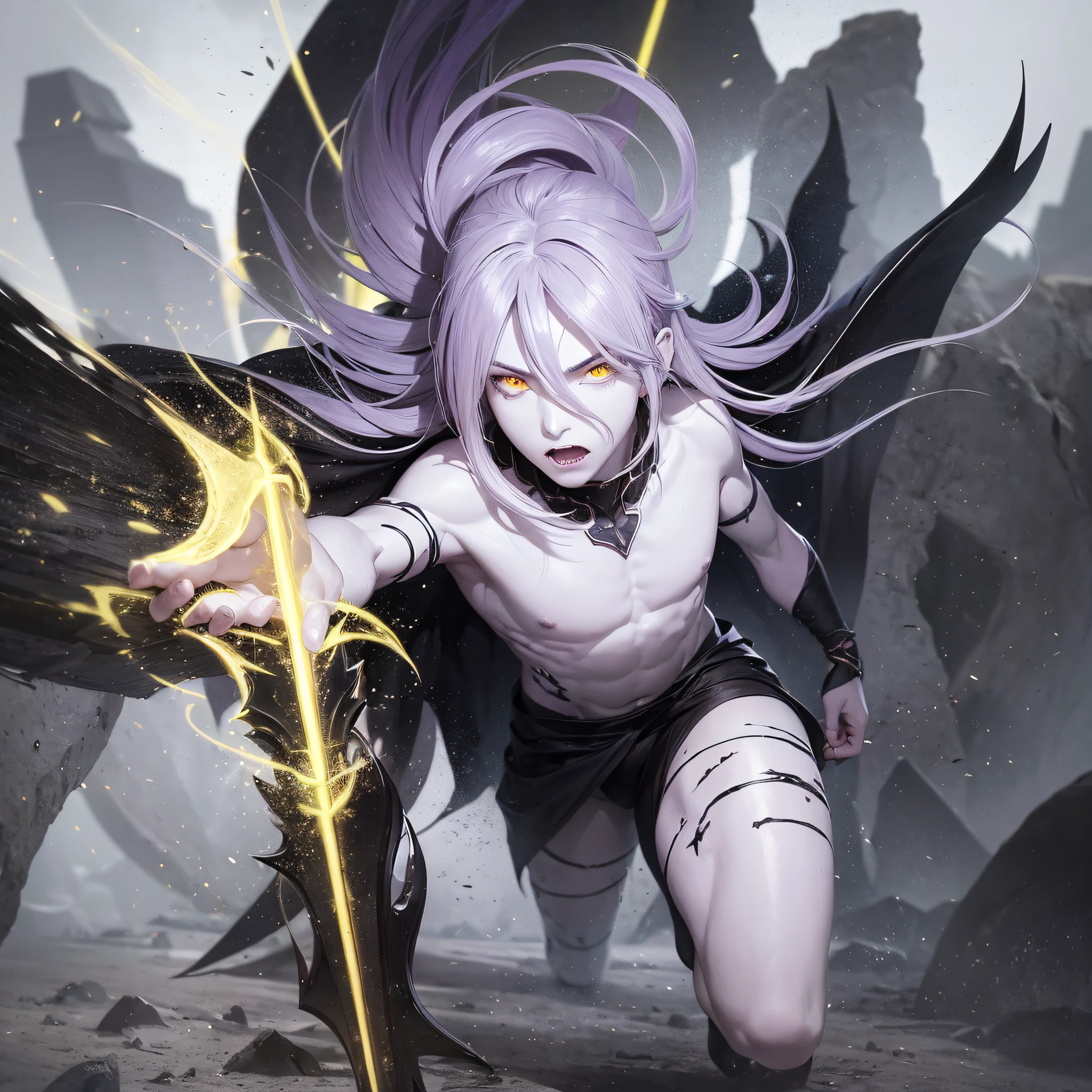 boy man, full body, face evil expression, pale white skin, 1 luminous yellow eye, long hair is black, thin with torn black clothing, cracked armor is old black color, holding a sickle with several points with remains, whole body with a purple aura is purple flames, unreal engine, 3D, 8K, attracted by magic, attack position, --auto --s2