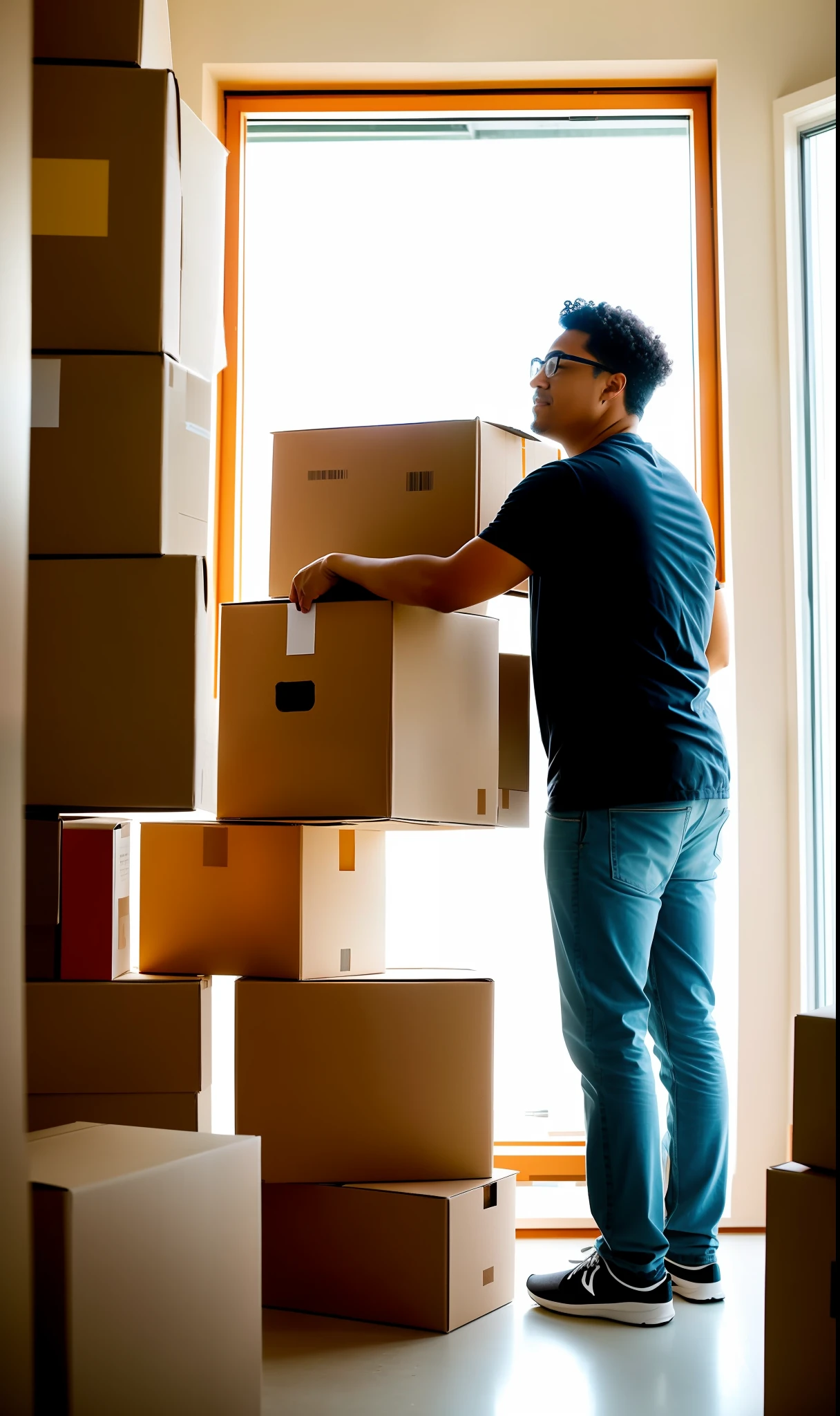 A person arranging an environment, cardboard boxes with items for donation, soft light, open and dynamic framing, crystalline texture, extreme realism, soft and warm color tones, stunning clarity.