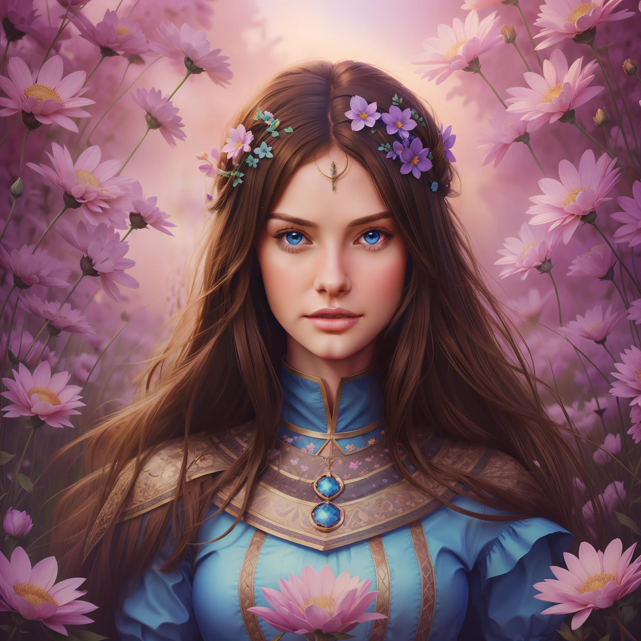 arafed brunette woman with blue eyes and brown hair standing in a field of flowers, cute fantasy portrait, cute fantasy art portrait, fantasy art style, fantasy art portrait, beautiful digital art, vibrant fantasy style, Realistic