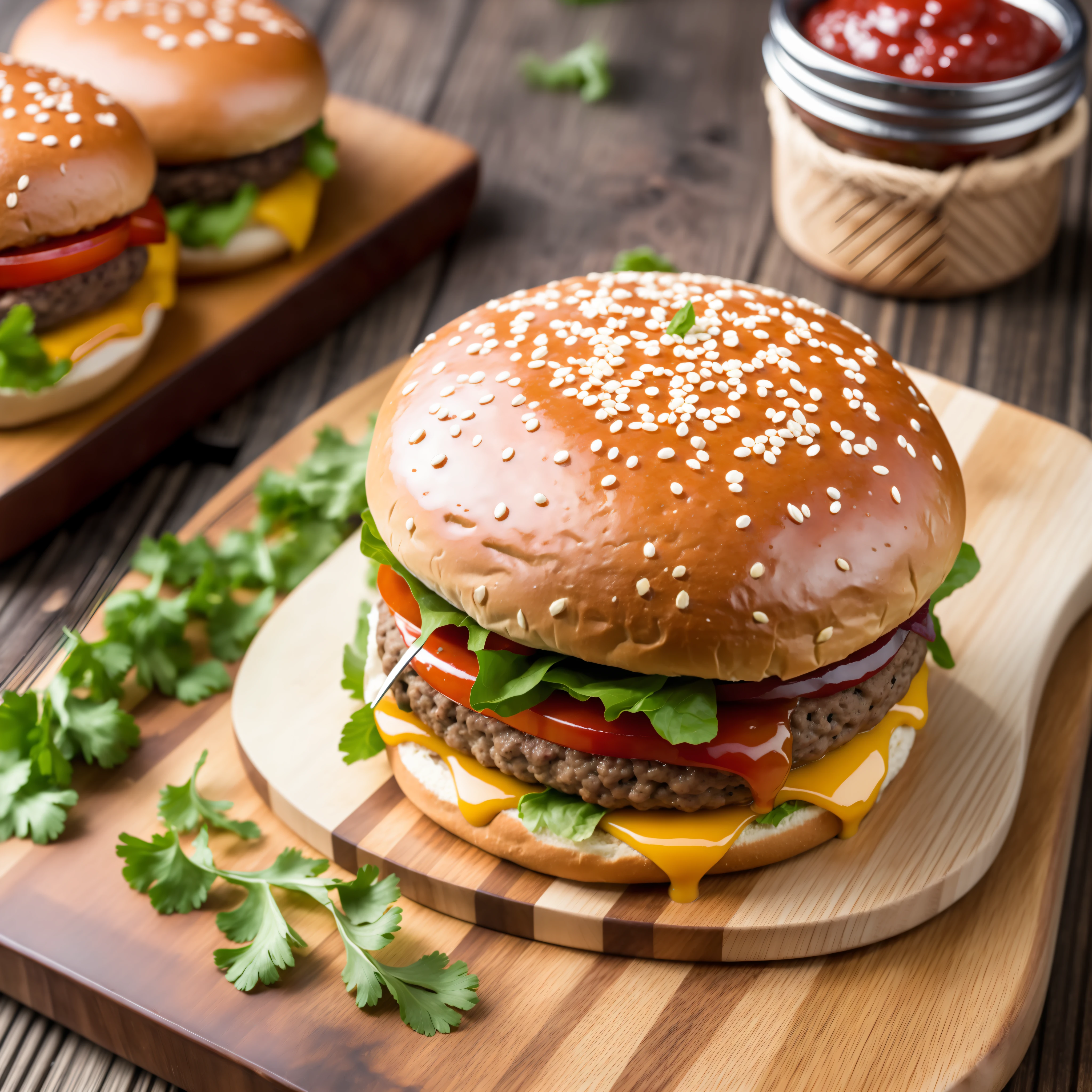 artisan burger, made with fresh ground beef and special condiments, juicy meat texture, with visible pieces, homemade sauces in small containers to enhance the craft experience, touch of rusticity, photographing the burger on a rustic wooden board, 4K food photography, dark background, high-quality food photography, professional food photography