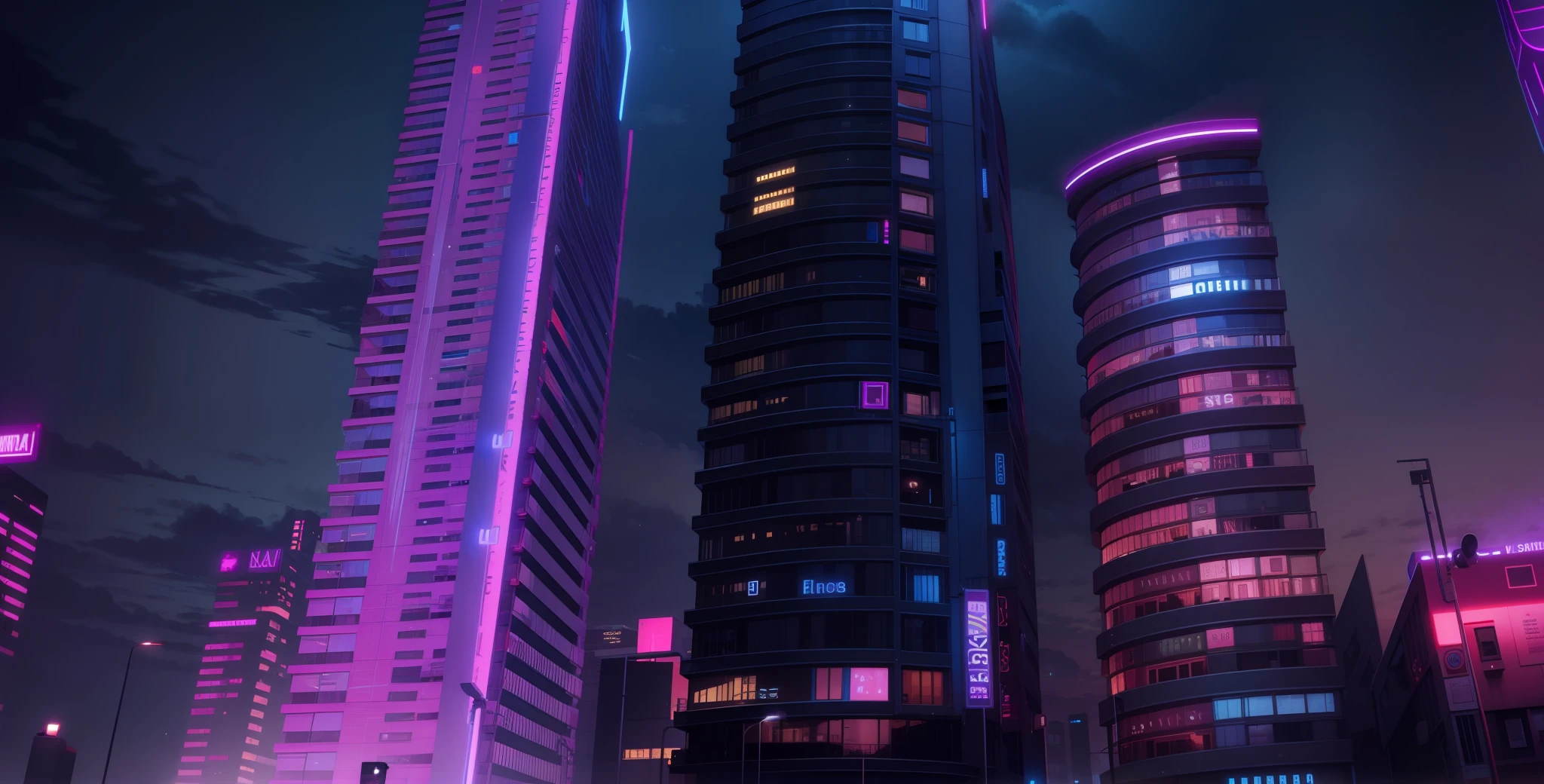 View of a building at night, with colors in the cyberpunk style