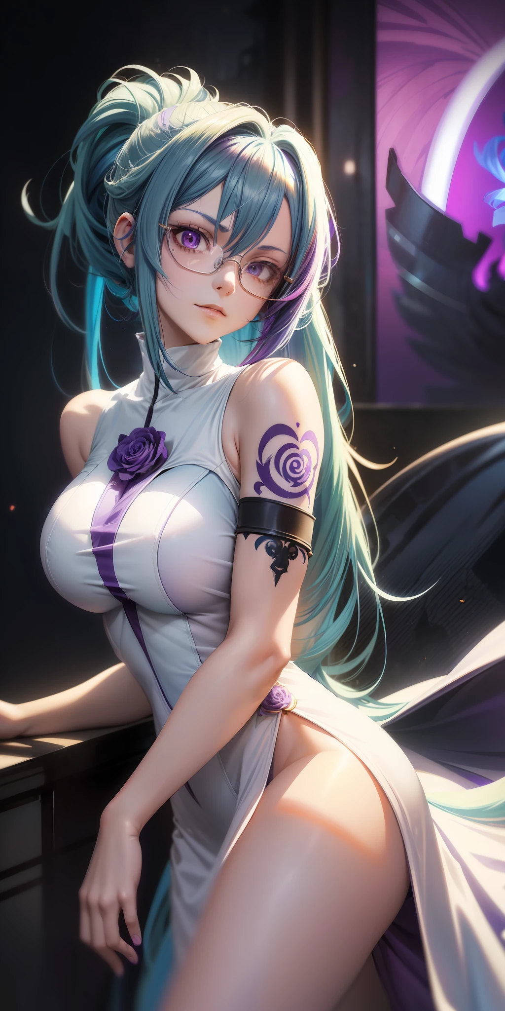 ((anime)),((animation)),game cg,in code geass style,(ponytail),(light blue hair:1.4),(purple colored inner hair:1.5),(((Orange eyes))),beautiful detailed eyes,(Stylish glasses),moon face,evil grin,(Sleeveless one-piece long dress:1.5),(dress color White:1.5),garter belt,(slim),30 years old,girl,sexy,beautiful,gleaming skin,Tattoo of a rose on the left arm,(Background is a ruins),extremely detailed CG,unity 8k wallpaper,caustics,super detailed skin,cinematic lighting,dynamic angle