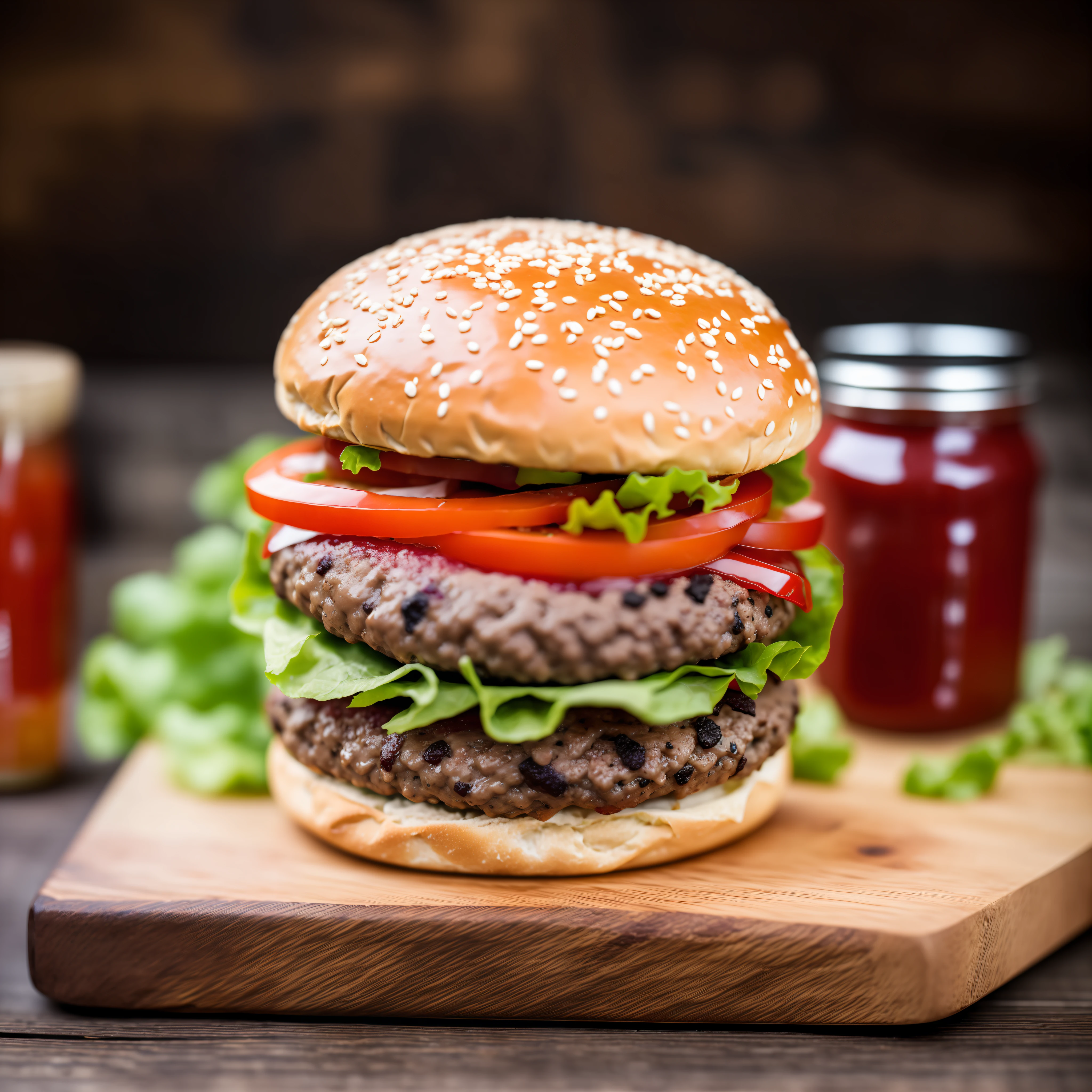1handmade burger, made with fresh ground beef and special condiments, juicy meat texture, with visible pieces, homemade sauces in small containers to enhance the craft experience, touch of rusticity, photographing the burger on a rustic wooden board, 4K food photography, dark background, high quality food photography, professional food photography