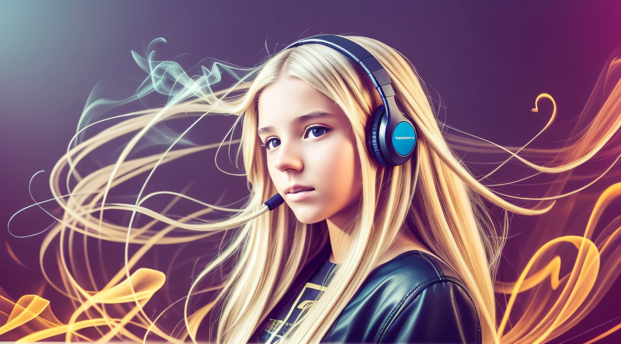 there is a 14 YEAR OLD GIRL In headphones, LONG BLONDE HAIR, smoke effects --auto --s2